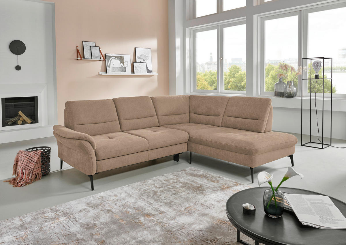 ECKSOFA in Webstoff Hellbraun  - Hellbraun/Schwarz, Design, Textil/Metall (256/206cm) - Beldomo System