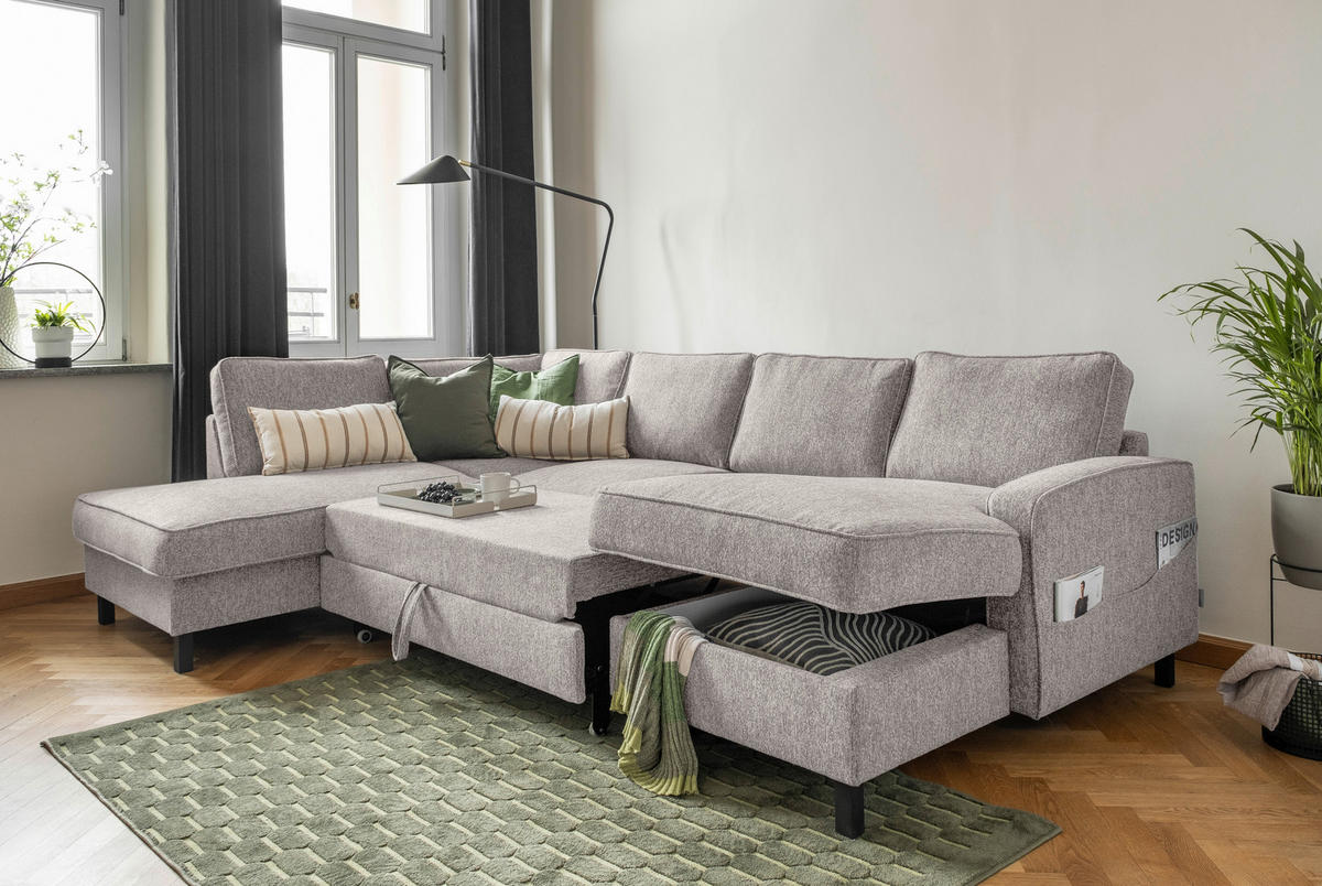 SJEDEĆA GARNITURA tekstil  sivo-bijela   - sivo-bijela/crna, tekstil/drvo (198/298/148cm) - MID.YOU