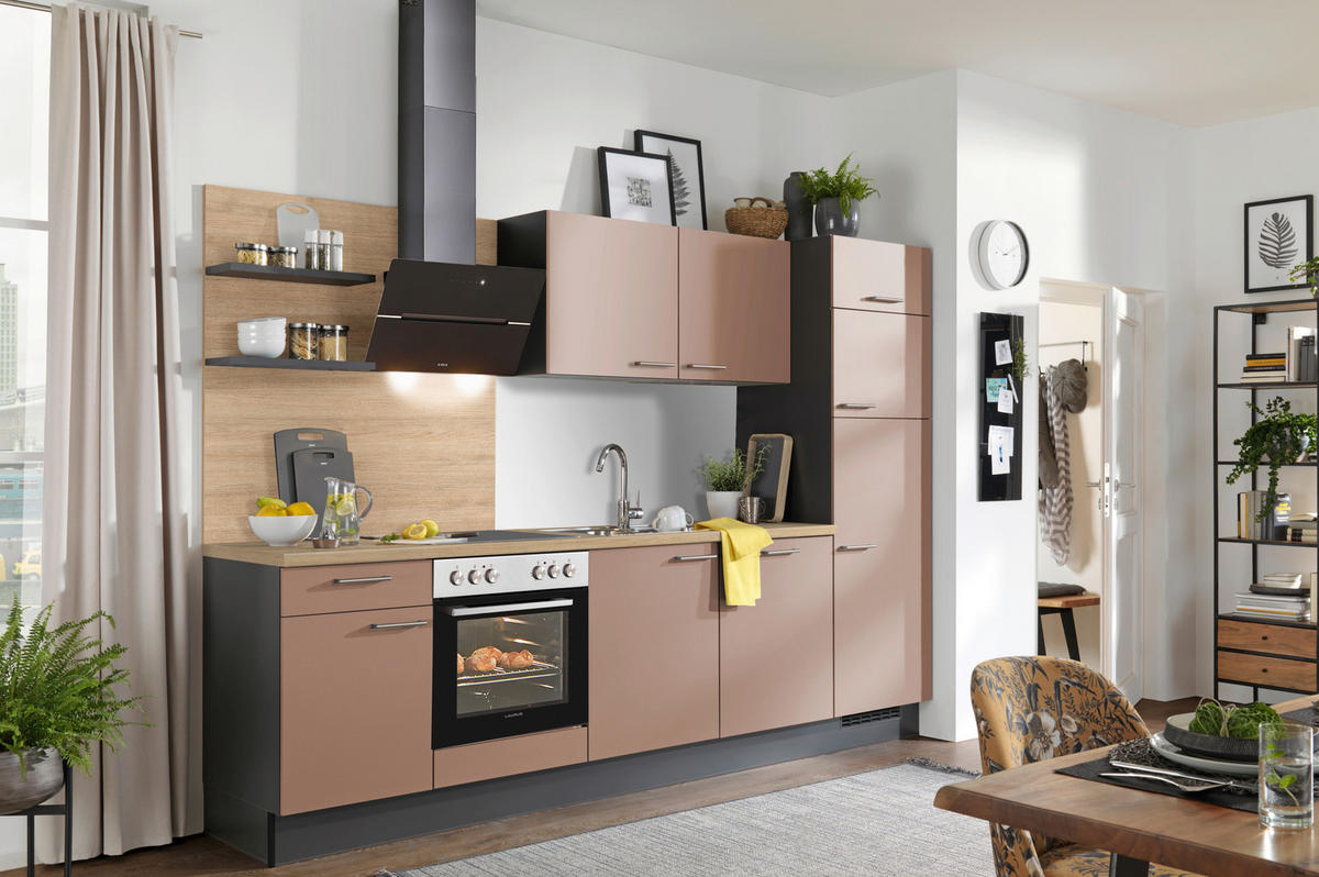 KÜCHENBLOCK 290 cm   in Graphitfarben, Eichefarben, Altrosa  - Edelstahlfarben/Eichefarben, Design, Holzwerkstoff/Metall (290cm) - Xora
