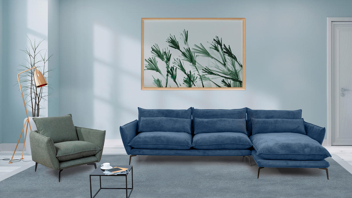 ECKSOFA in Webstoff Blau  338/165 cm  - Blau/Schwarz, Design, Textil/Metall (338/165cm) - Hom`in