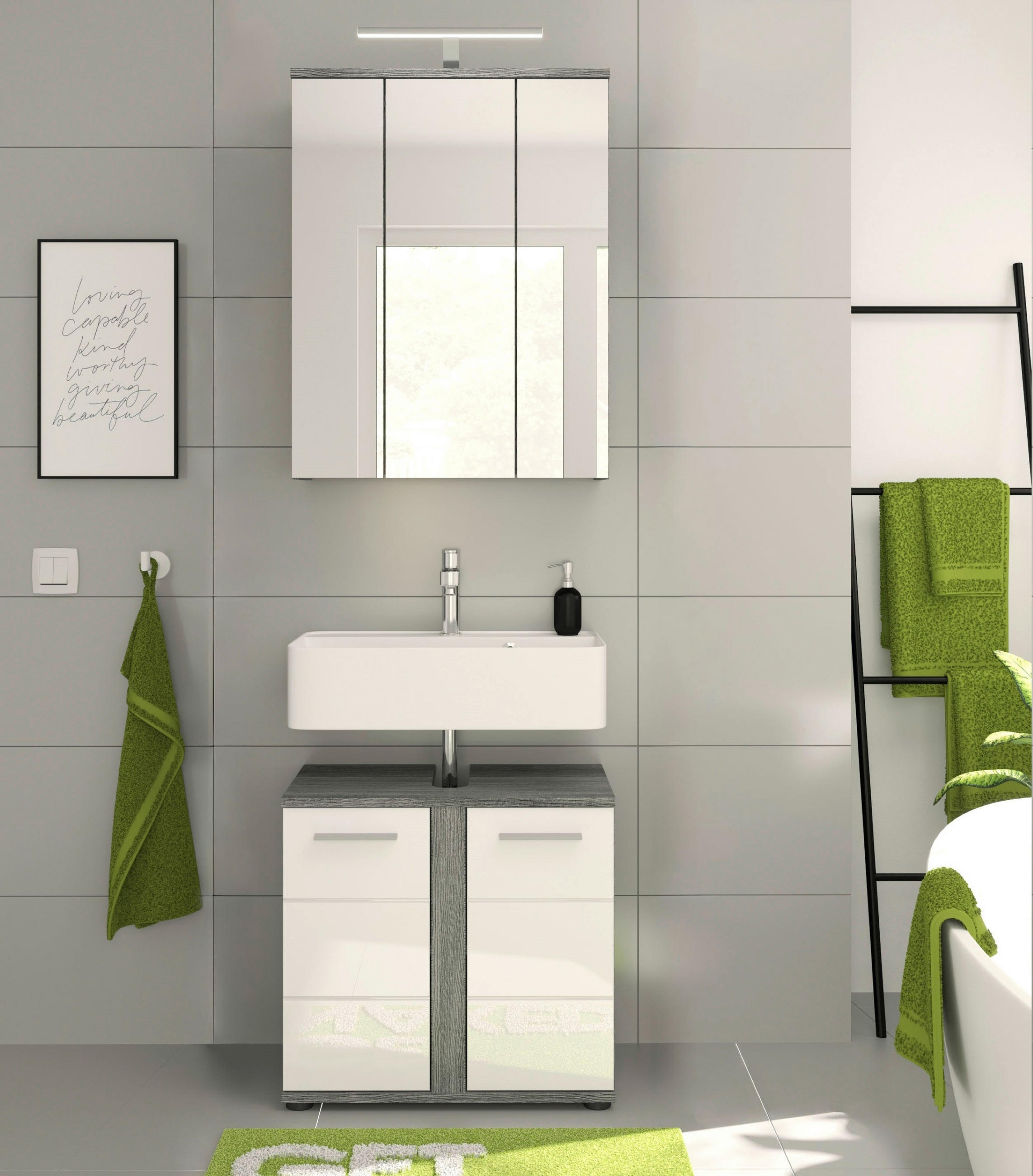 BADEZIMMER 2-teilig  in 60 cm  - Weiß Hochglanz/Silberfarben, MODERN, Glas/Holzwerkstoff (60cm) - MID.YOU
