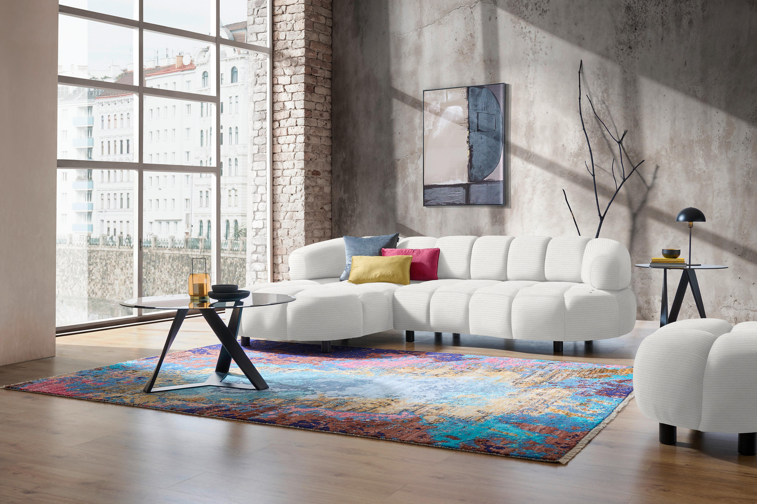 ECKSOFA in Cord, Velours Weiß  183/284 cm  - Schwarz/Weiß, Design, Holz/Textil (183/284cm) - Welnova