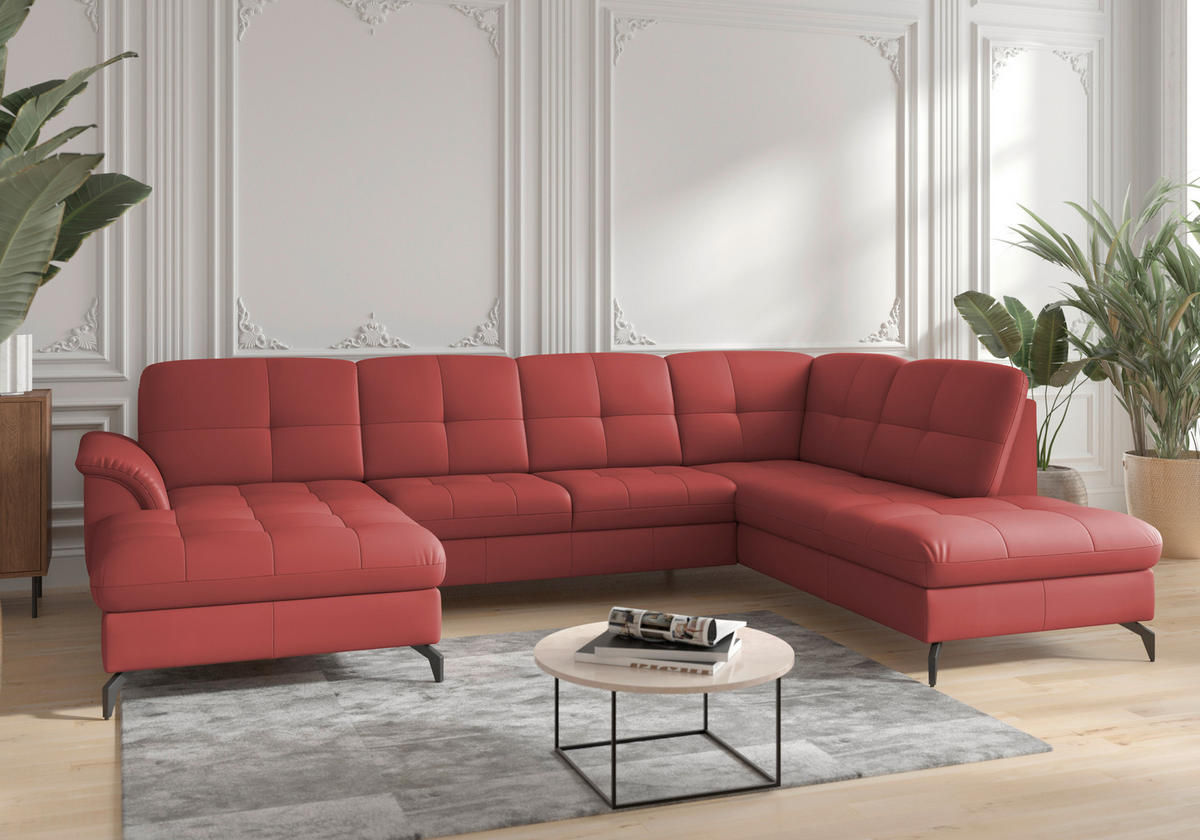 WOHNLANDSCHAFT in Vliesstoff Kombination Echtleder/Stoff Rot  - Rot/Schwarz, Modern, Leder/Textil (164/319/212cm) - Sit & More