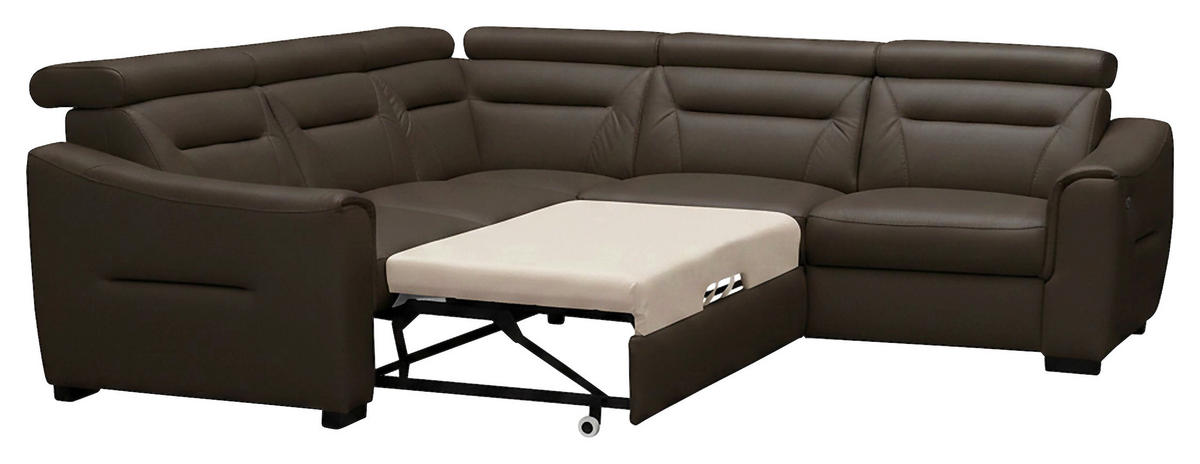 ECKSOFA Dunkelbraun Echtleder Lederlook Schlaffunktion, Rücken echt, Relaxfunktion, Kopfteilverstellung  - Wengefarben/Dunkelbraun, Design, Leder/Holz (260/260cm) - Celina Home