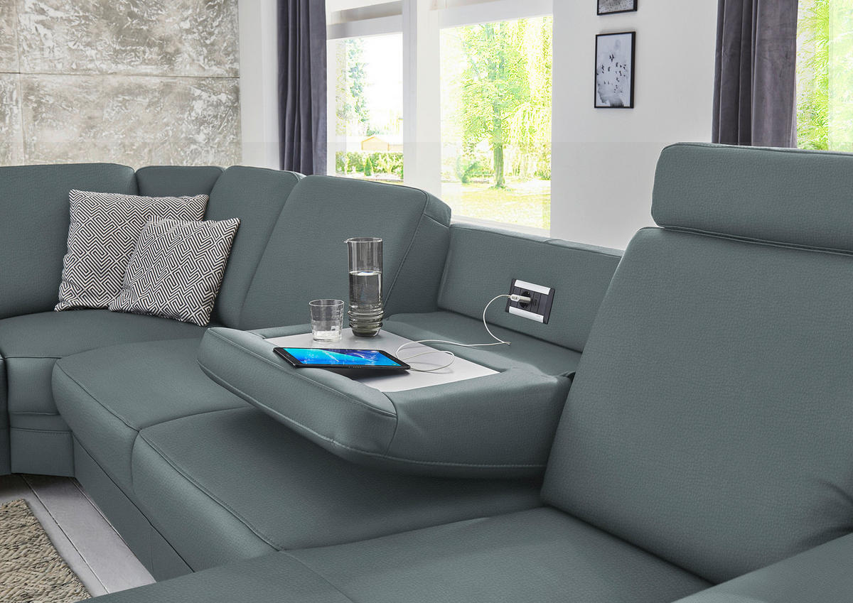 WOHNLANDSCHAFT Echtleder Grau  - Alufarben/Grau, Konventionell, Leder/Metall (239/329/165cm) - Beldomo Premium