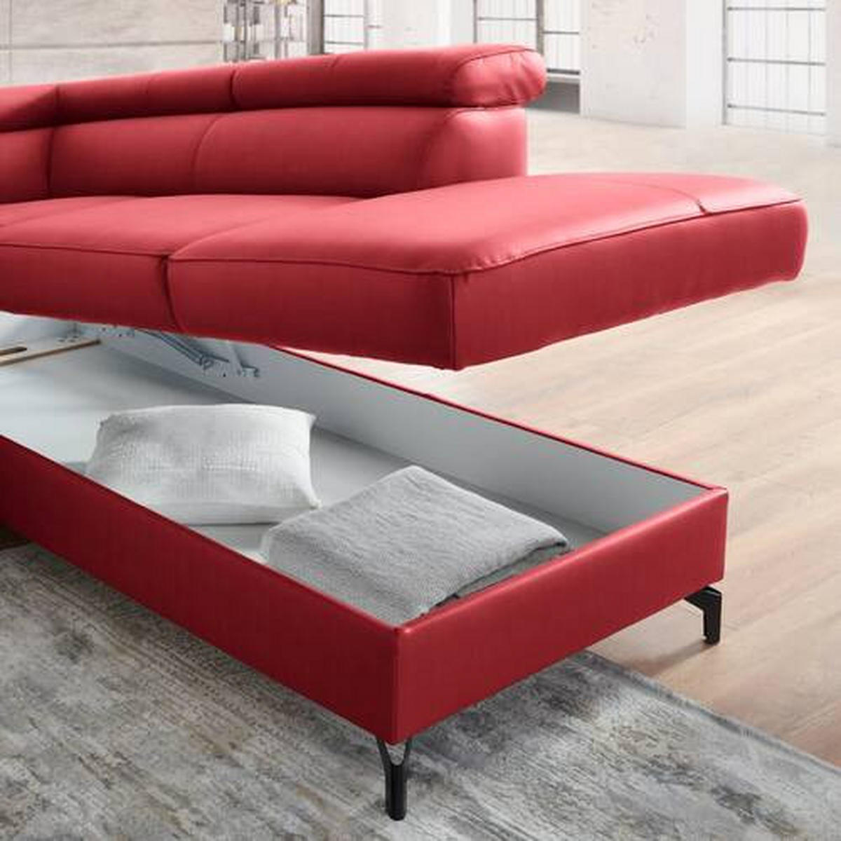 ECKSOFA Rot Kombination Echtleder/Lederlook Lederlook  - Rot/Schwarz, Design, Leder/Textil (256/220cm) - Celina Home