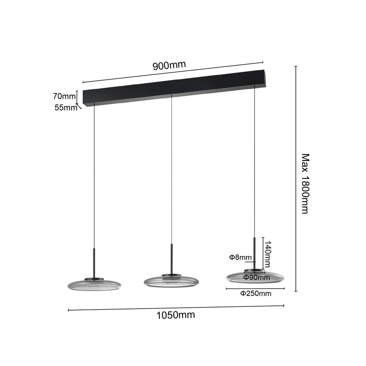 LED-HÄNGELEUCHTE Felis   - Schwarz, Basics, Glas/Metall (105cm) - Novel