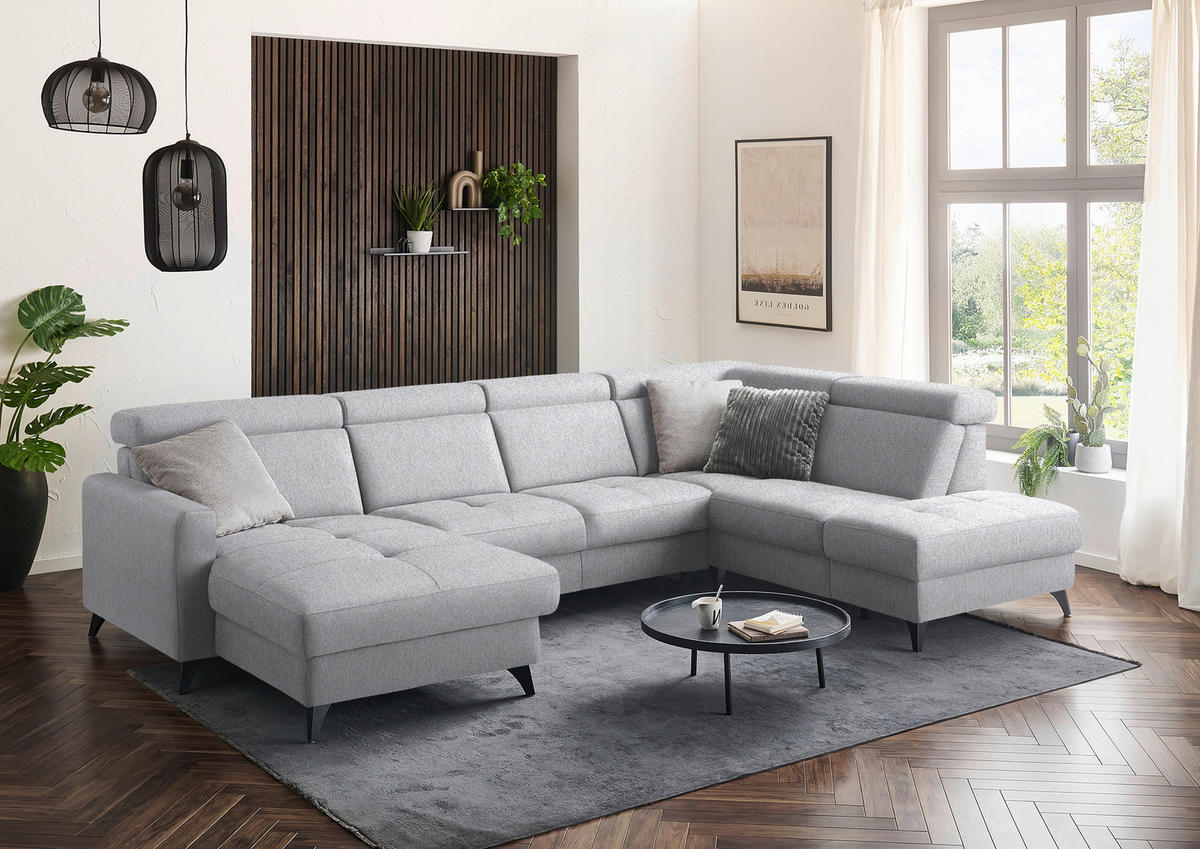WOHNLANDSCHAFT Beldomo System in Flachgewebe Ecru  - Ecru/Schwarz, KONVENTIONELL, Textil/Metall (174/333/215cm) - Beldomo System