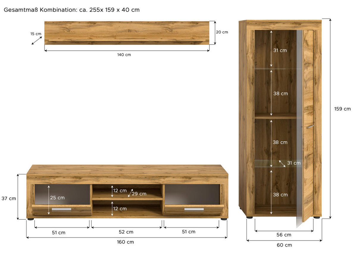 HYLLKOMBINATION 3 delar  i ek Wotan  235/159/35 cm  - ek Wotan/silver, Design, trämaterial/glas (235/159/35cm) - MID.YOU