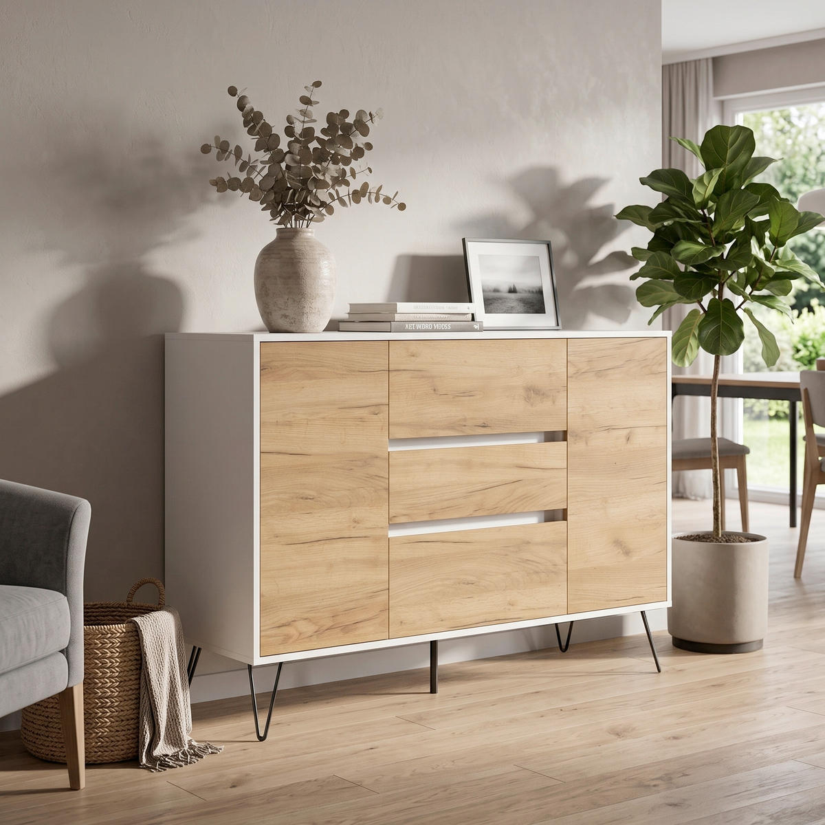 SIDEBOARD Posseik Industrial 140/93,6/42 cm 3 Schublade(n)  - Elfenbein/Eichefarben, Design, Holzwerkstoff/Metall (140/93,6/42cm) - MID.YOU