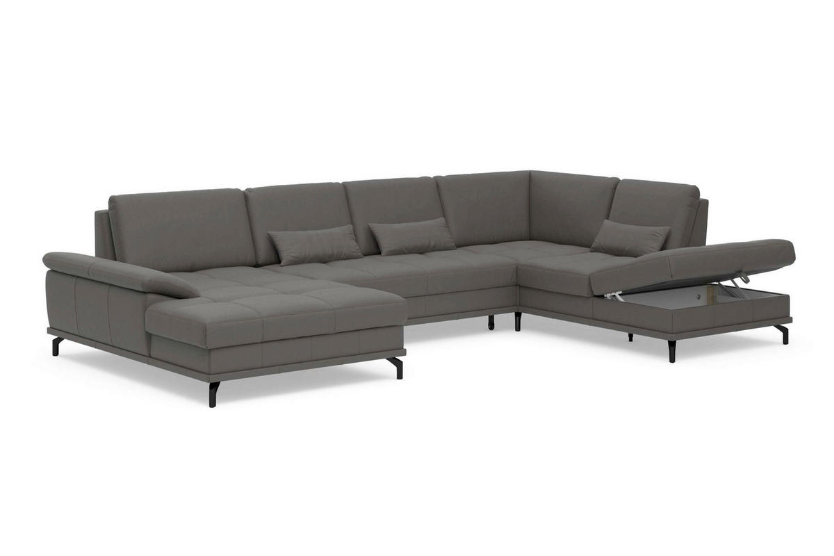 WOHNLANDSCHAFT COSTELLO E Mokka Kombination Echtleder/Stoff Mikrofaser  - Schwarz/Mokka, Basics, Leder/Textil (176/363/223cm) - Sit & More