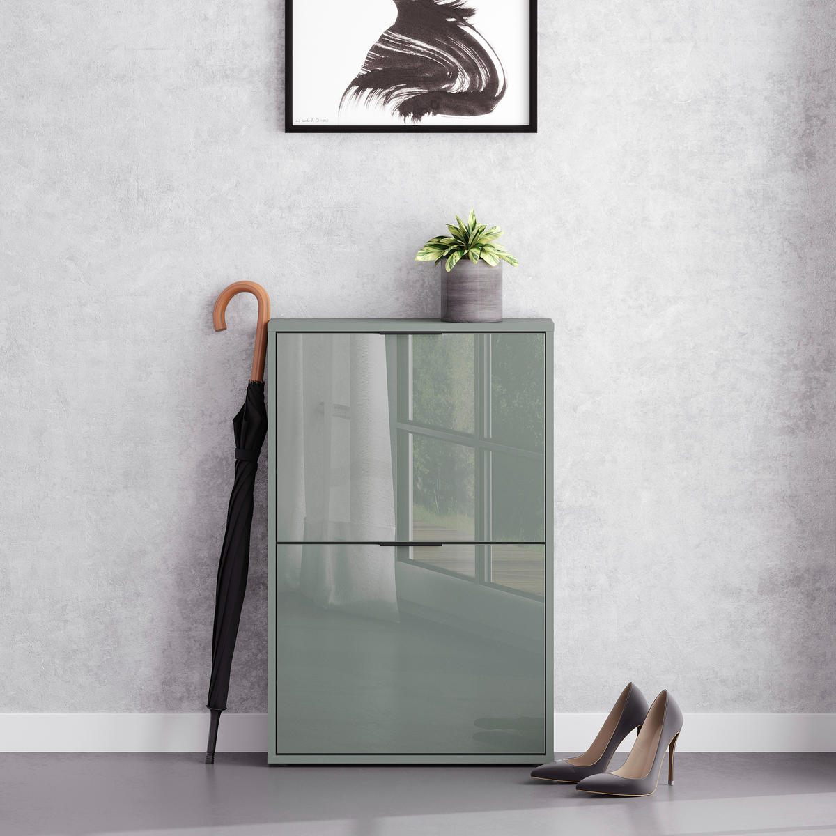 SCHUHKIPPER - Salbeigrün/Schwarz, MODERN, Glas/Holzwerkstoff (60/93/17cm) - Boxxx