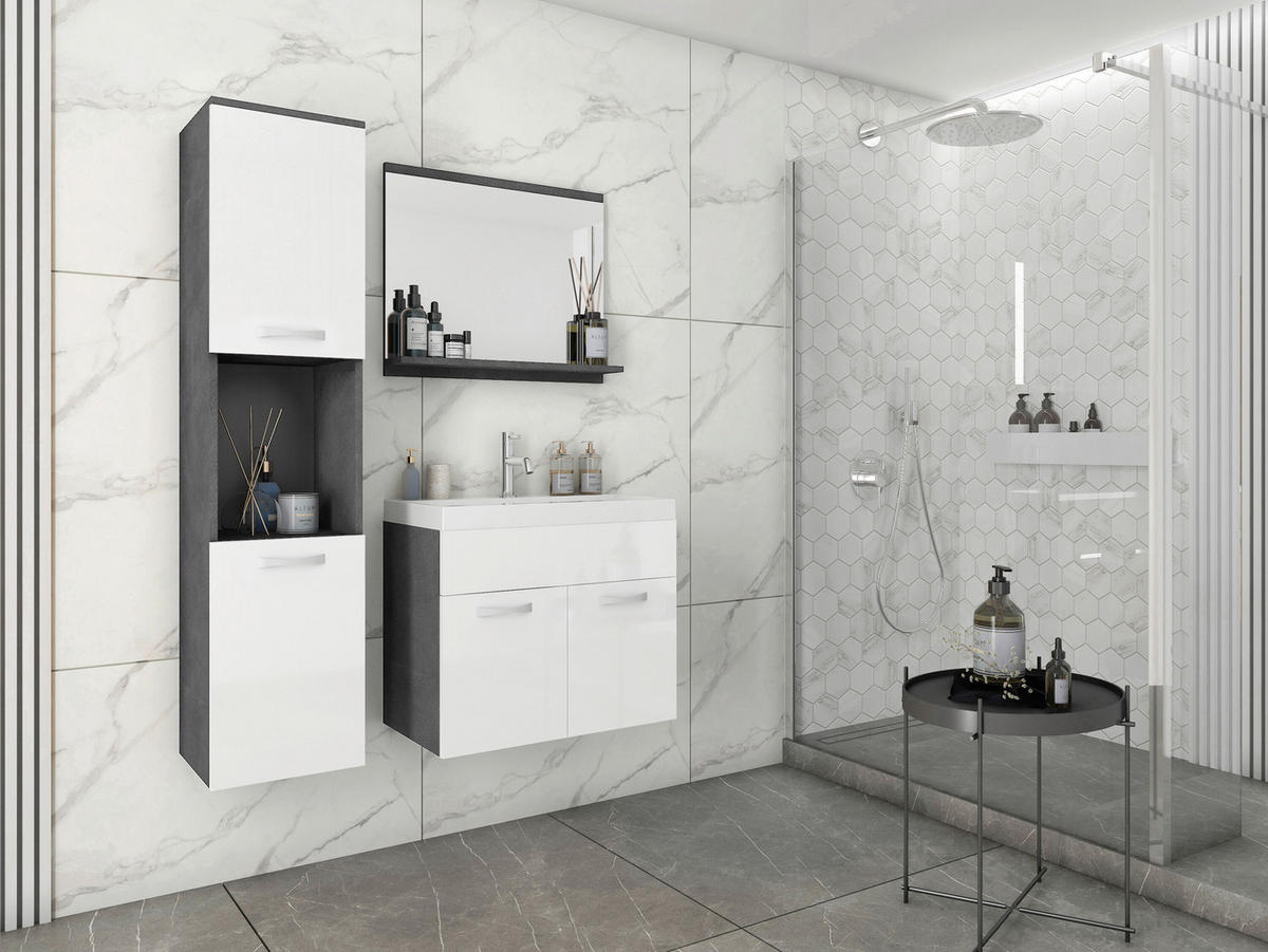 BADEZIMMER 4-teilig  in 90 cm  - Weiß Hochglanz/Anthrazit, LIFESTYLE, Holzwerkstoff/Metall (90cm) - P & B