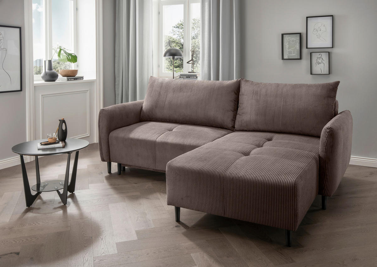 ECKSCHLAFSOFA in Cord Graubraun  - Graubraun/Schwarz, Basics, Holz/Textil (238/174cm) - Livetastic