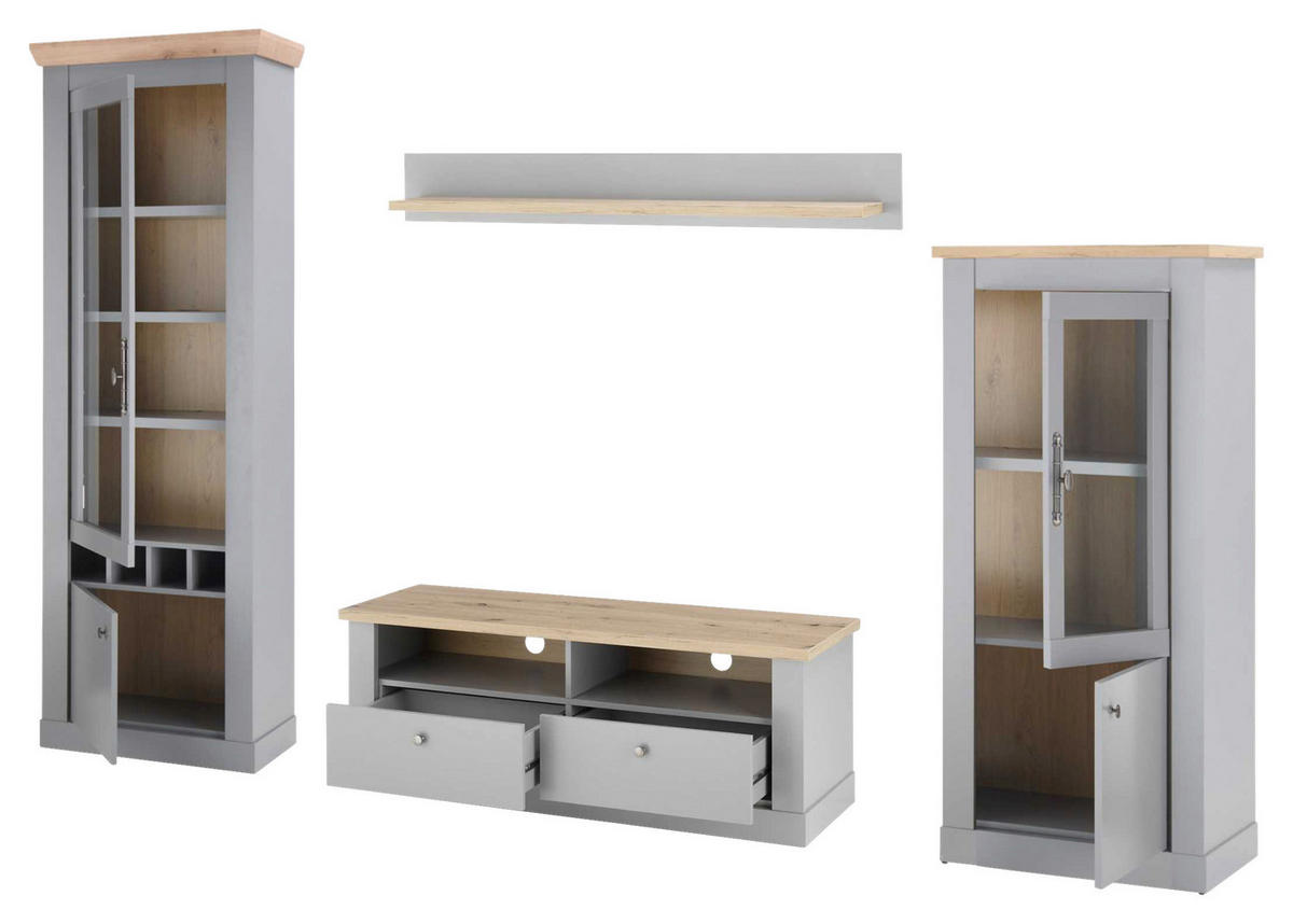 WOHNWAND 4-teilig  in Eichefarben, Hellgrau  291/201/44 cm  - Eichefarben/Silberfarben, Design, Holzwerkstoff/Metall (291/201/44cm) - MID.YOU