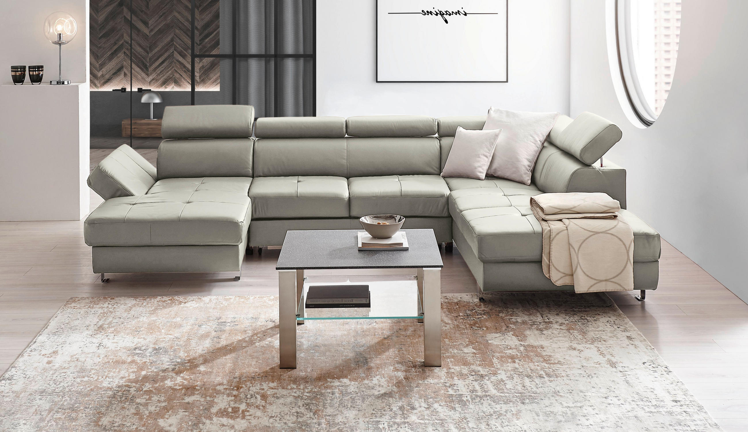 Wohnlandschaft inkl.Funktionen Grau Kombination Echtleder/Lederlook Lederlook  - Chromfarben/Grau, Design, Leder/Textil (157/334/212cm) - Stylife