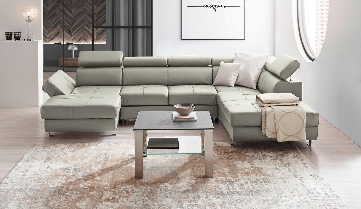 Wohnlandschaft inkl.Funktionen Grau Kombination Echtleder/Lederlook Lederlook  - Chromfarben/Grau, Design, Leder/Textil (157/334/212cm) - Stylife