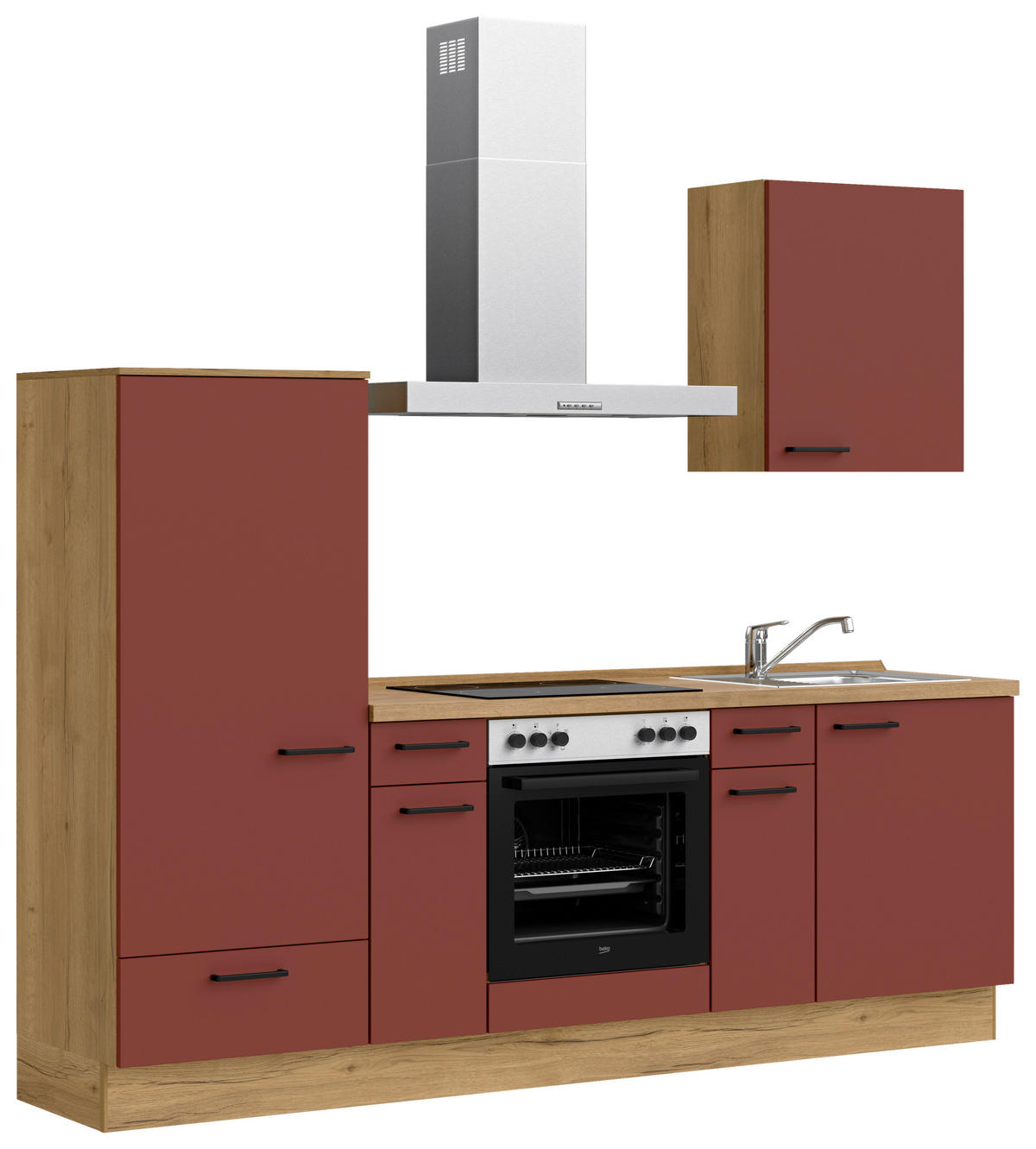 KÜCHENBLOCK Easytouch 240 cm  in Eichefarben, Dunkelrot  - Eichefarben/Schwarz, MODERN, Holzwerkstoff/Metall (240cm) - Nobilia