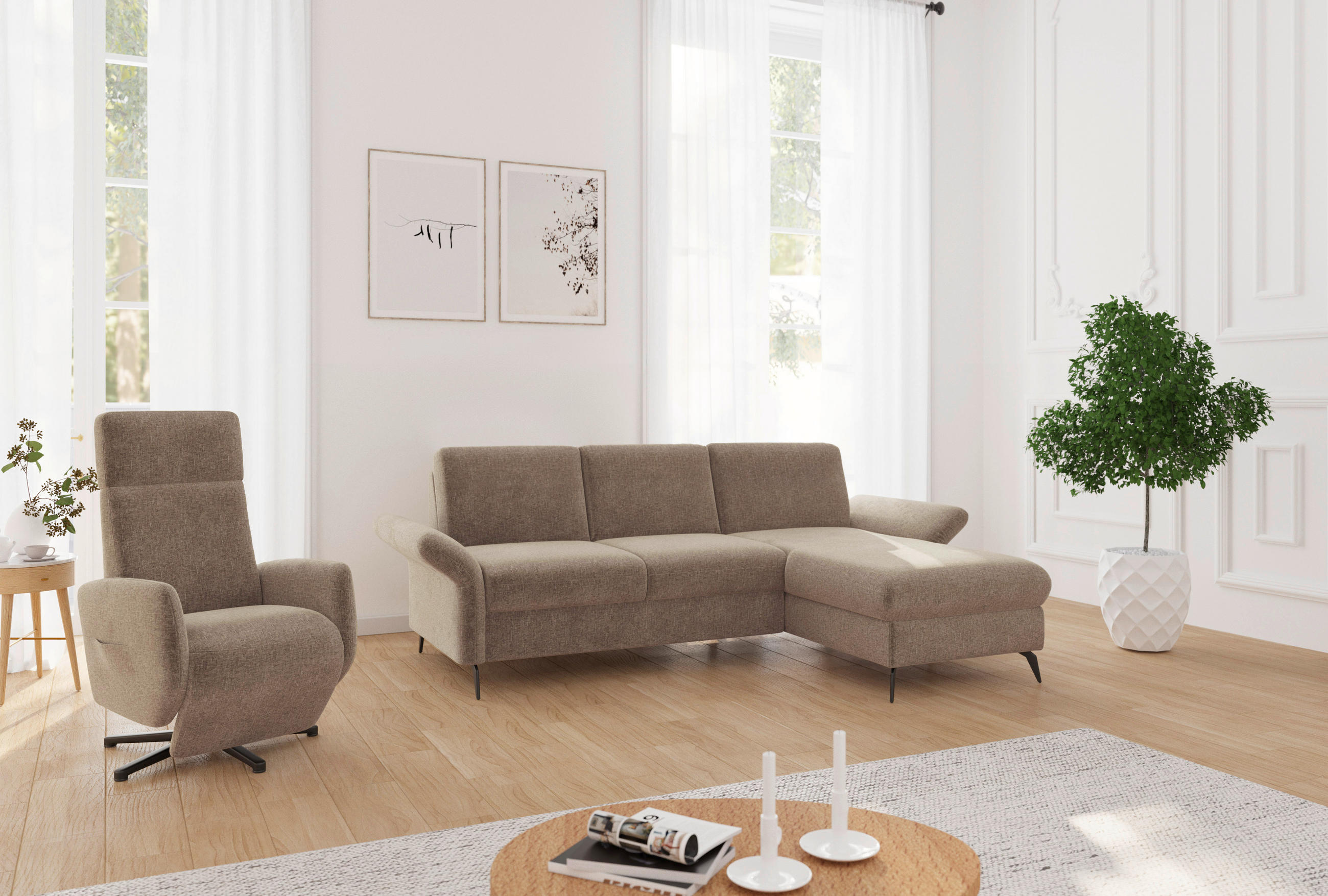 Thumbnail - Sit & More Ecksofa Rochelle E, Hellbraun, Textil, 4,5-Sitzer, Ottomane rechts, L-Form, 251x164 cm, Goldenes M, Oeko-Tex®...