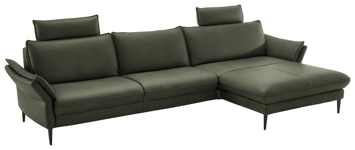 ECKSOFA in Echtleder Dunkelgrün  - Dunkelgrün/Schwarz, Design, Leder/Metall (334/172cm) - Hukla