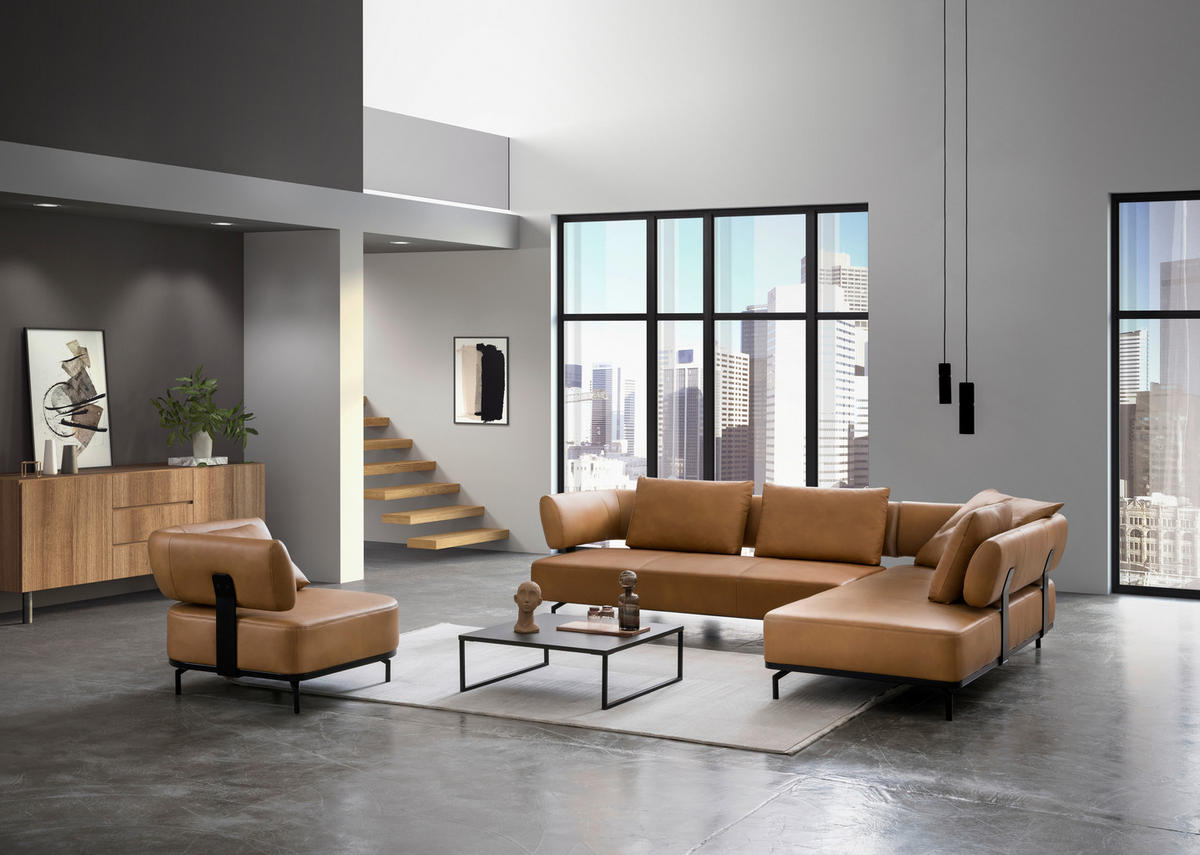 ECKSOFA in Echtleder Dunkelgelb  - Dunkelgelb/Schwarz, Design, Leder/Metall (302/237cm) - Dieter Knoll