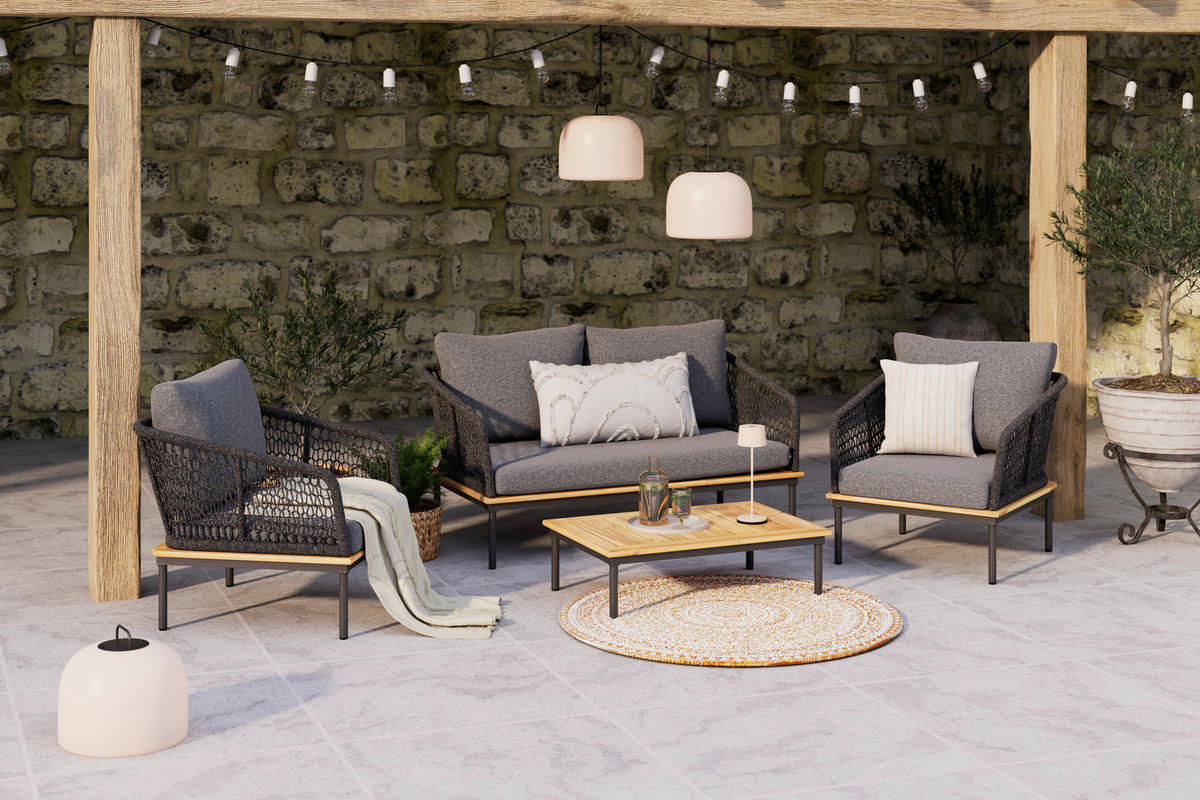 KERTI BÚTORSZETT  - akáciaszínű/antracit, Modern, textil/fa - Ambia Garden