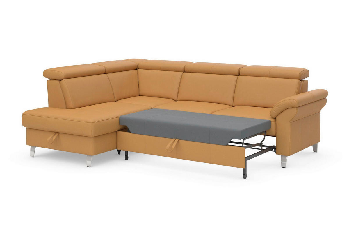 ECKSOFA ARNGAST E Currygelb Kombination Echtleder/Stoff Mikrofaser Bettkasten, Kopfteilverstellung  - Chromfarben/Currygelb, Basics, Leder/Textil (194/245cm) - Sit & More