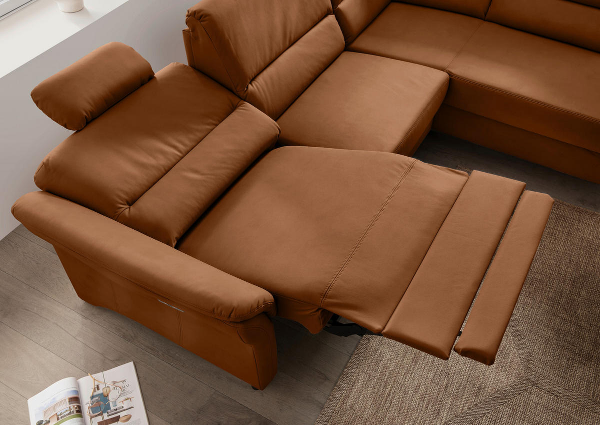 ECKSOFA in Lederlook Cognac  - Cognac/Schwarz, Modern, Holz/Textil (266/190cm) - Livetastic