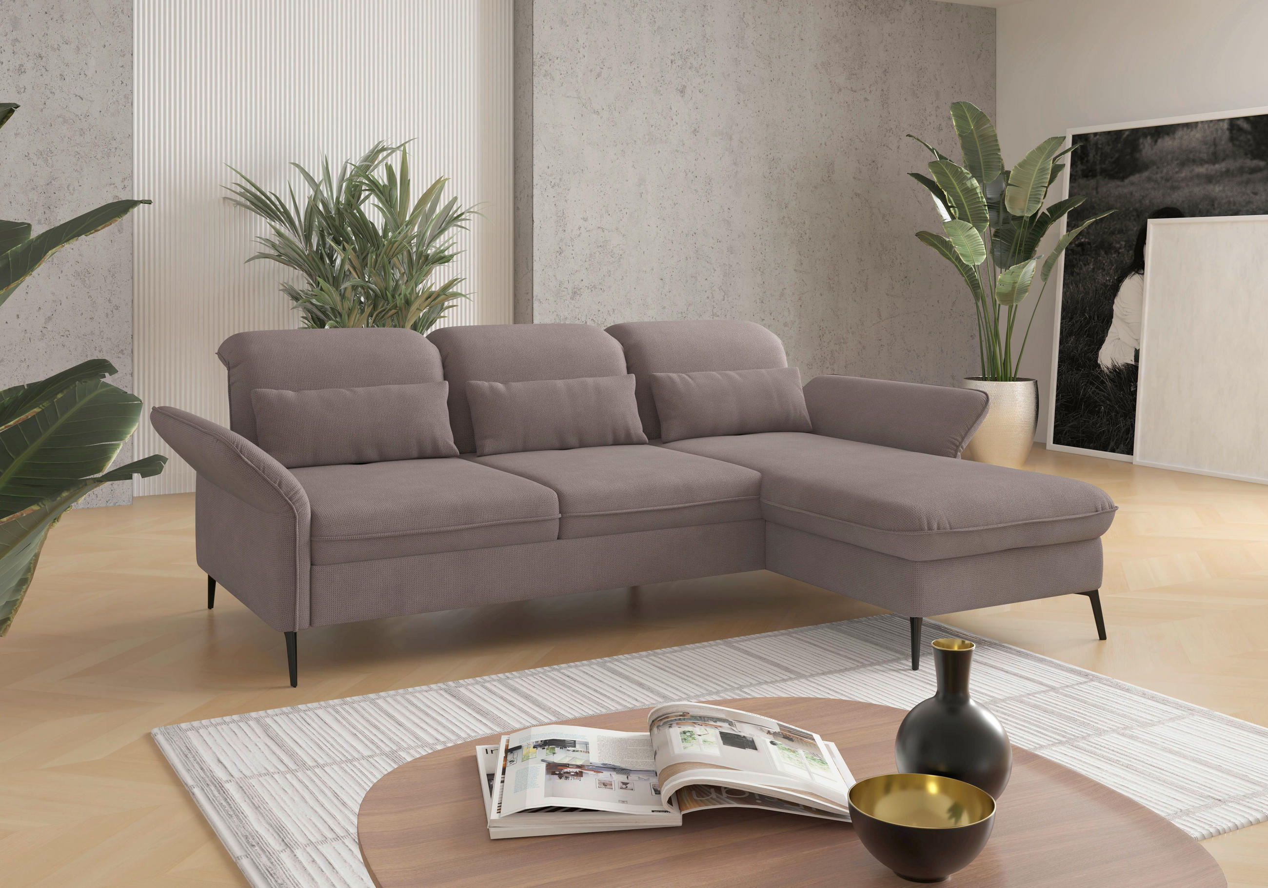 ECKSOFA Taupe Flachgewebe  - Taupe/Schwarz, KONVENTIONELL, Textil/Metall (264/198cm) - Sit & More