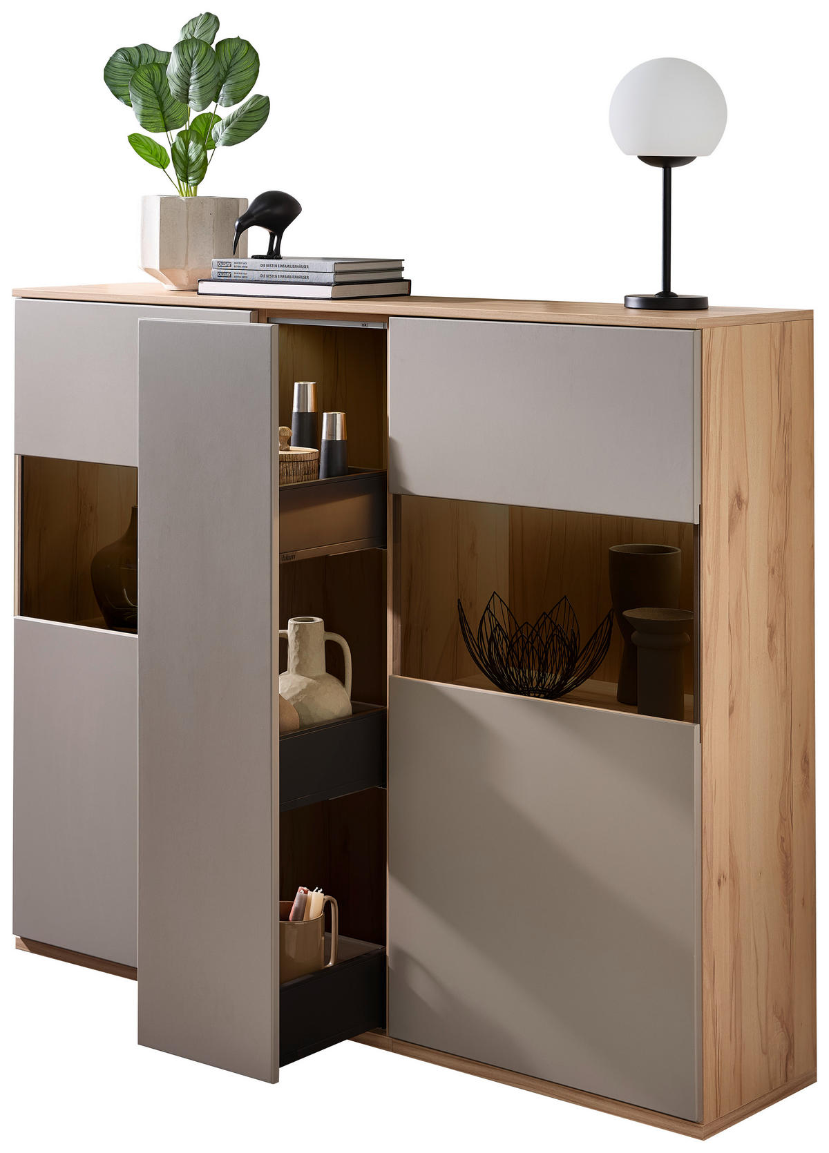 HIGHBOARD Grau, Buchefarben  150/131/40 cm  - Buchefarben/Schwarz, KONVENTIONELL, Glas/Holzwerkstoff (150/131/40cm) - Venda