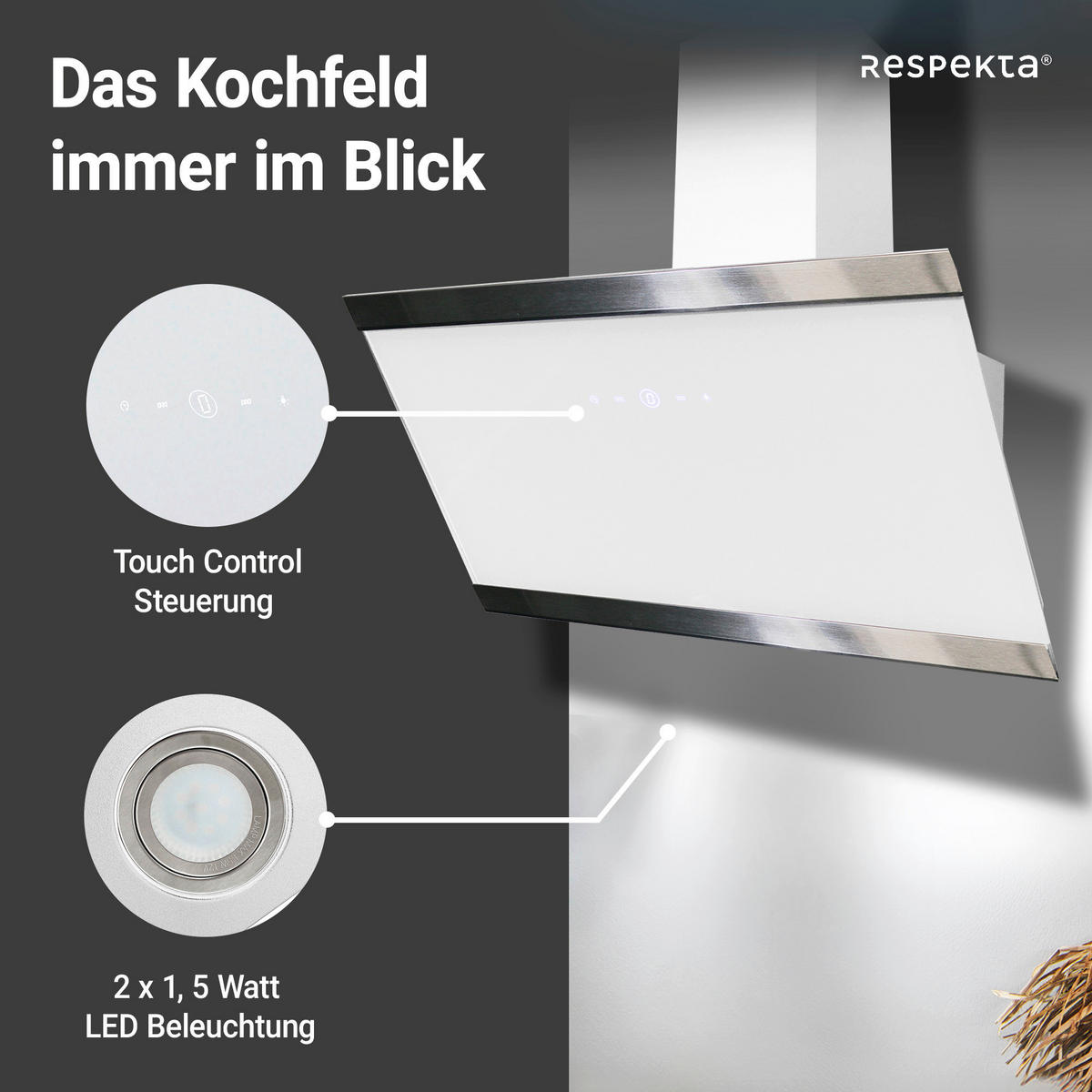DUNSTABZUGSHAUBE CH89090W  - Weiß, Trend, Glas/Metall (89,5/74,2-109,2/38,5cm) - Respekta