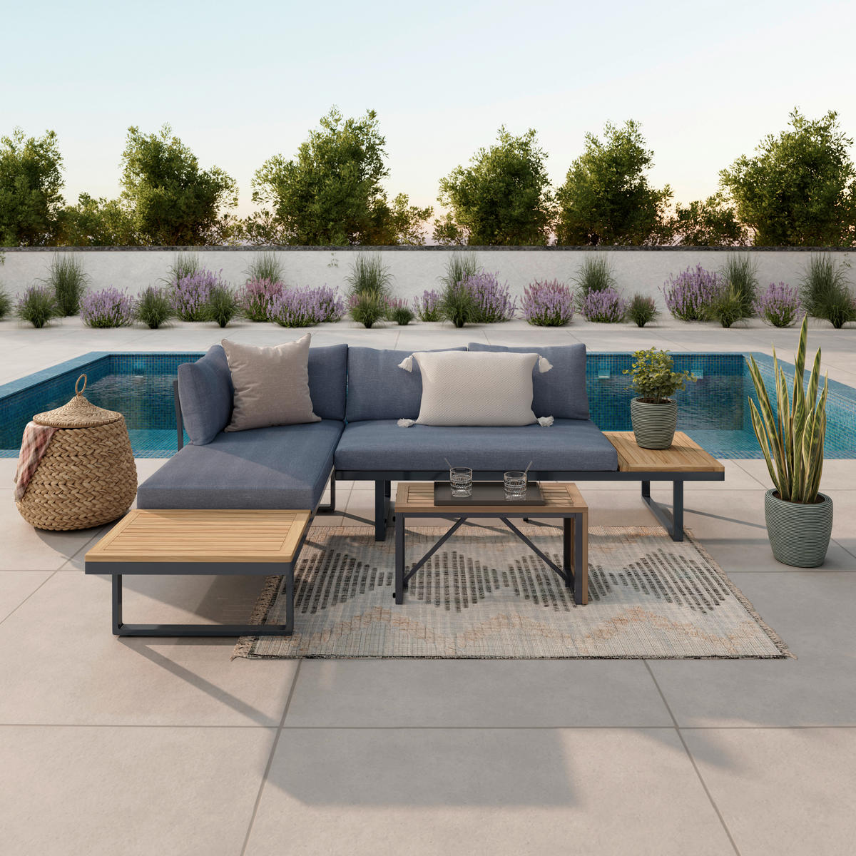 LOUNGEGARNITUR Teakholz Hartholz Aluminium, Edelstahl  - Teakfarben, MODERN, Holz/Metall (56/70/60cm) - Ambia Garden