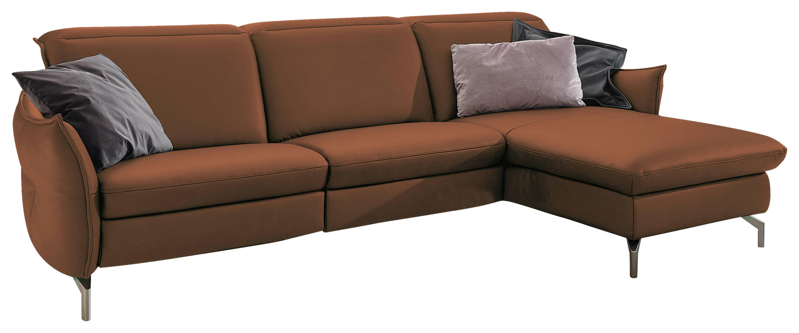 ECKSOFA in Lederlook (vegan) Cognac - Cognac/Nickelfarben, Modern, Textil/Metall (233/179cm) - Livetastic