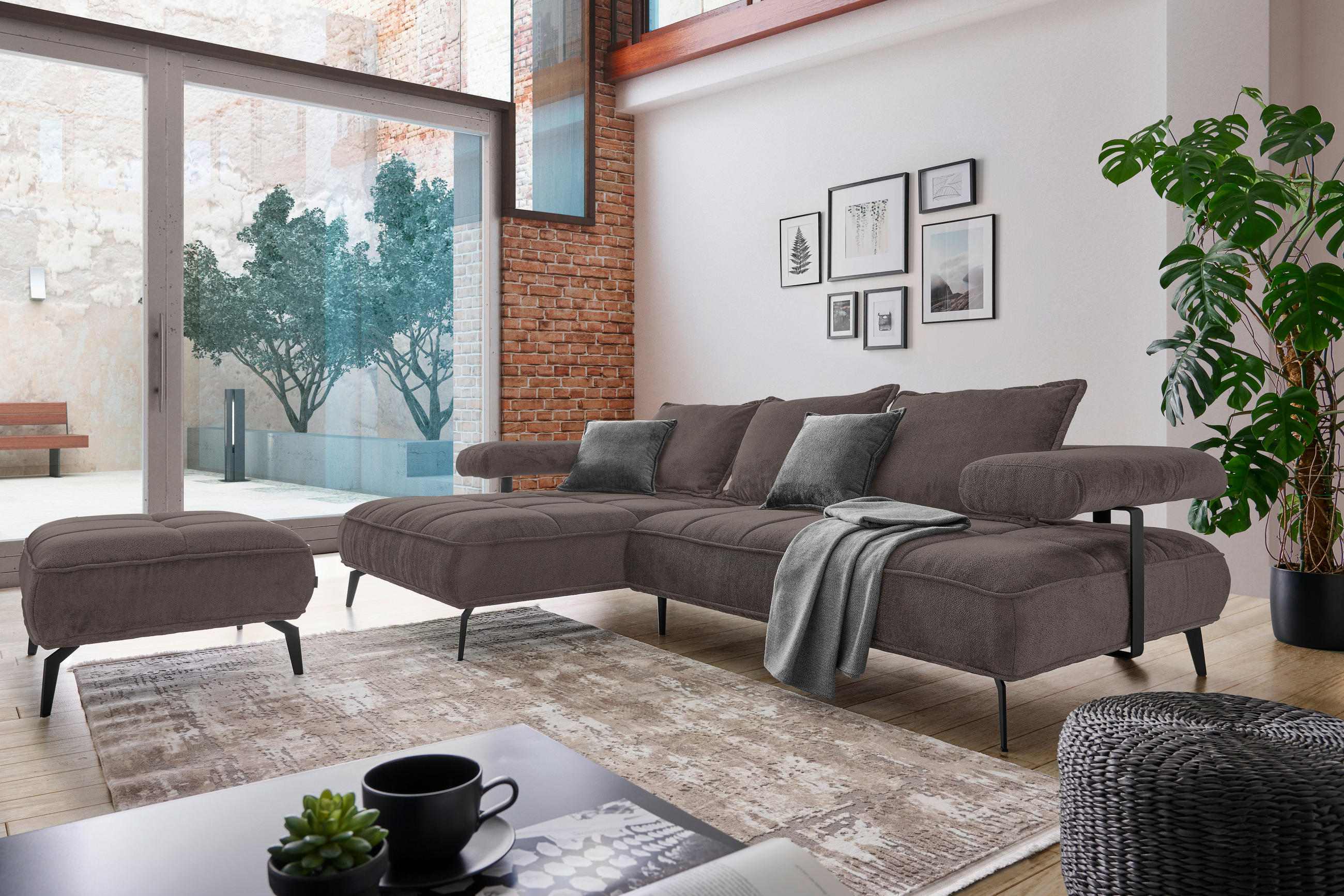 ECKSOFA in Webstoff Dunkelbraun  - Dunkelbraun/Schwarz, Design, Textil/Metall (180/266cm) - Welnova
