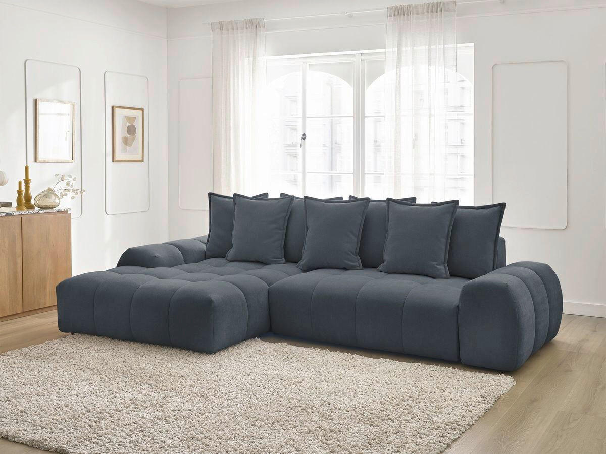 ECKSCHLAFSOFA EVEREST  mit Rücken echt, Armteil links, Armteil rechts Struktur Dunkelblau  - Schwarz/Dunkelblau, MODERN, Kunststoff/Textil (180/318cm) - Livetastic