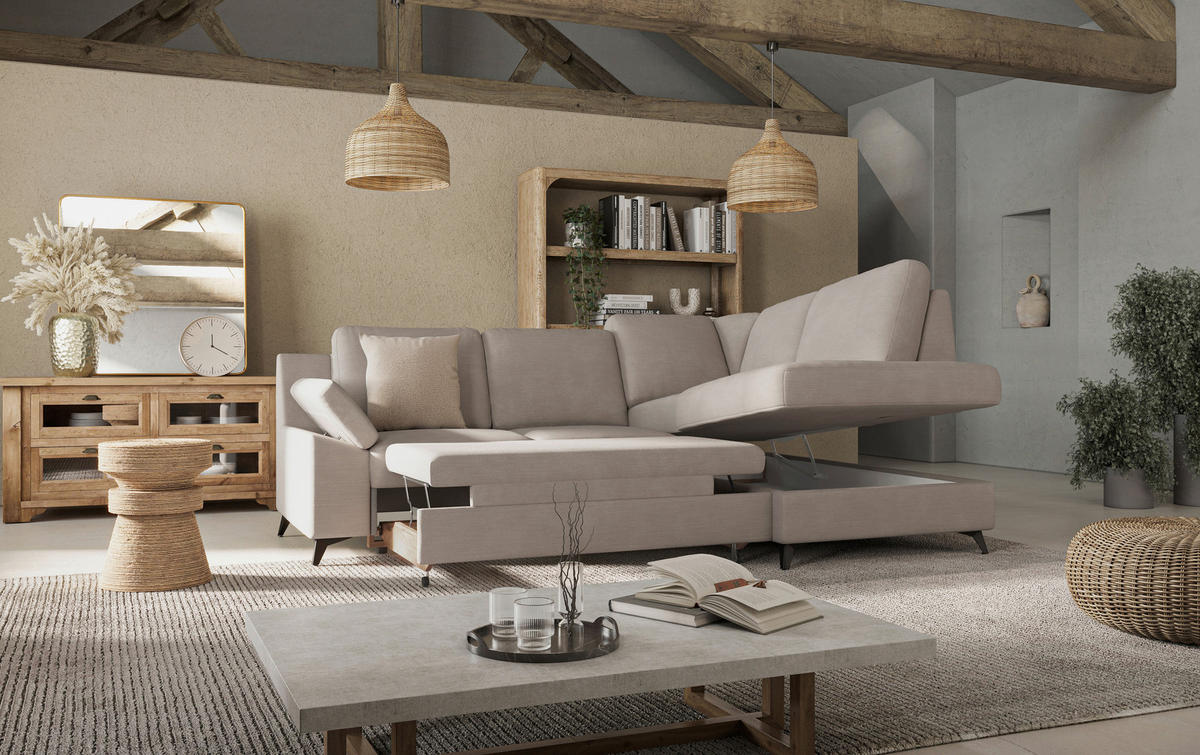 ECKSOFA in Flachgewebe Beige  - Beige/Schwarz, Konventionell, Textil/Metall (242/170cm) - Cotta