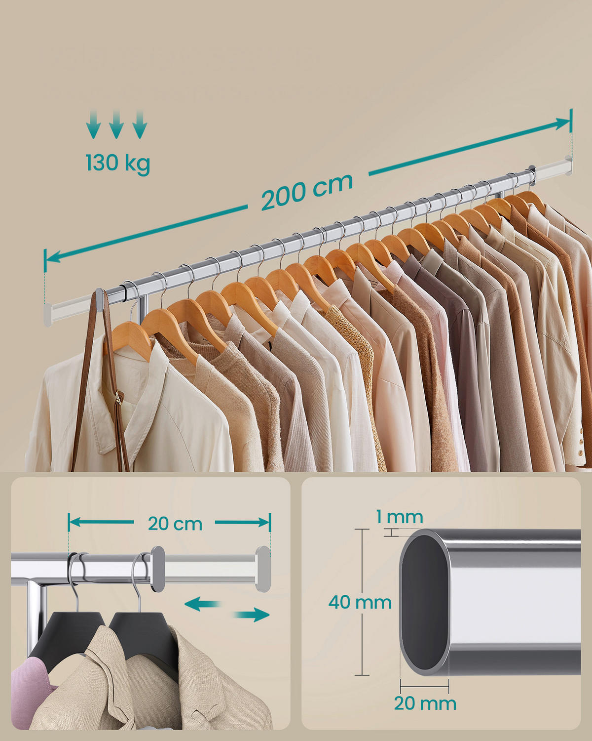 KLEIDERWAGEN in Chromfarben 160-200/161,5/45 cm   - Chromfarben, Trend, Kunststoff/Metall (160-200/161,5/45cm) - Boxxx