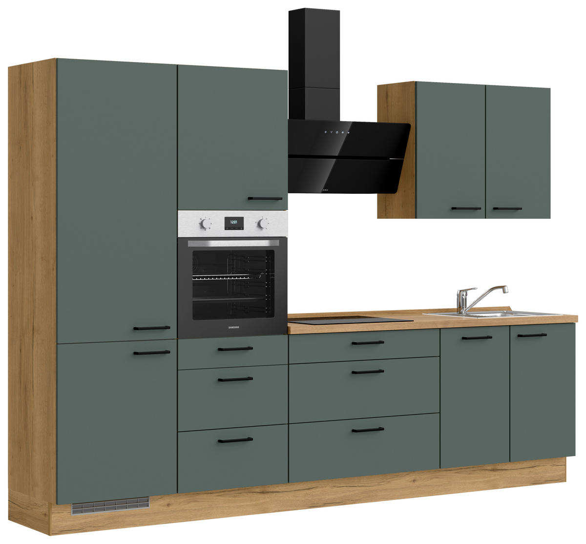 KÜCHENBLOCK 300 cm   in Eichefarben, Dunkelgrün  - Dunkelgrün/Eichefarben, MODERN, Holzwerkstoff/Metall (300cm) - Nobilia