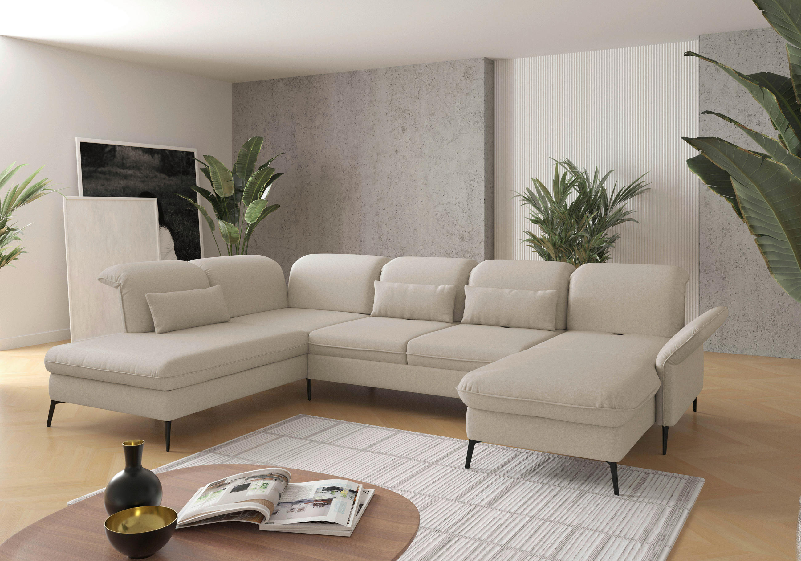 WOHNLANDSCHAFT in Flachgewebe Creme  - Creme/Schwarz, Konventionell, Textil/Metall (231/359/198cm) - Sit & More