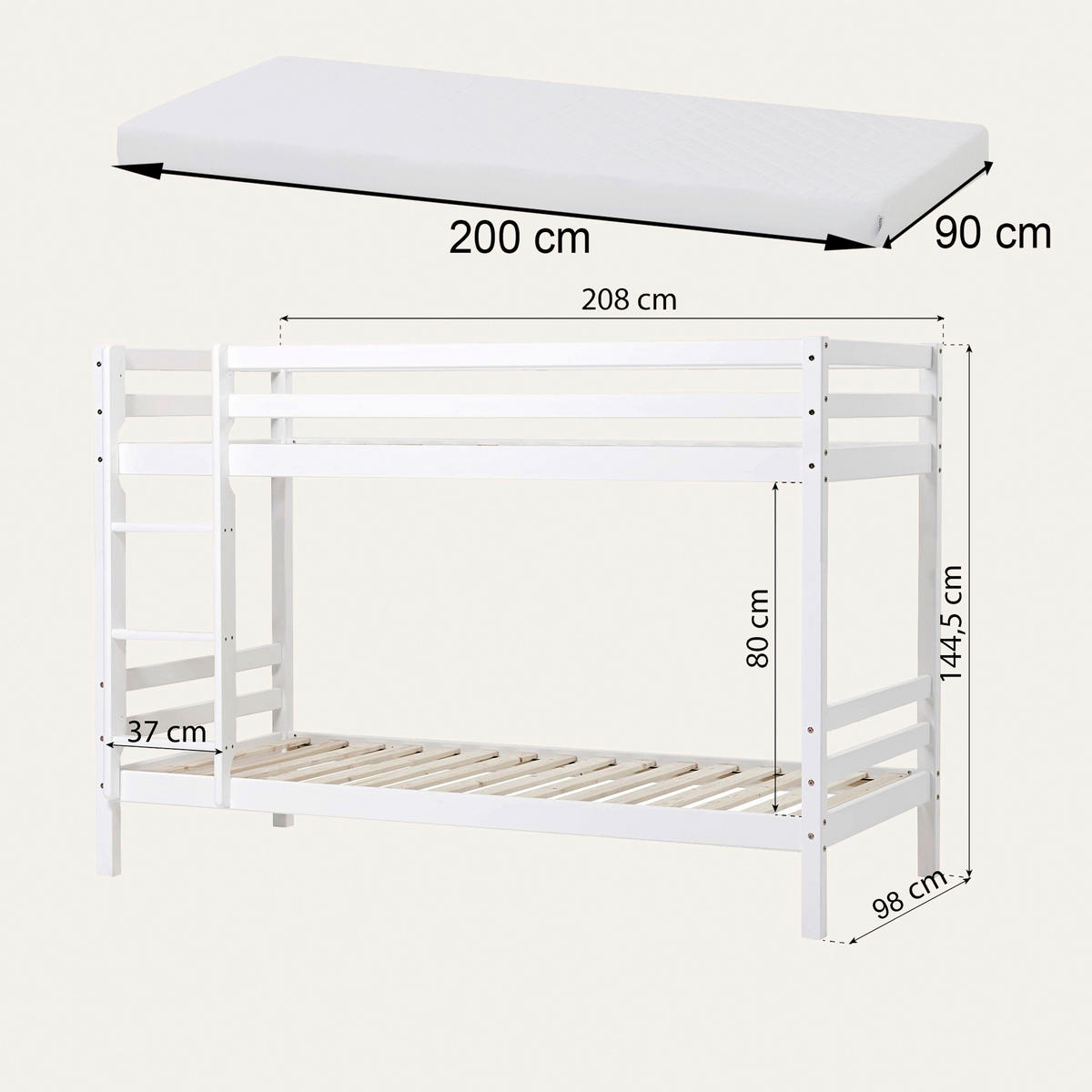 ETAGENBETT - Naturfarben/Weiß, MODERN, Holz (90/200cm) - MID.YOU