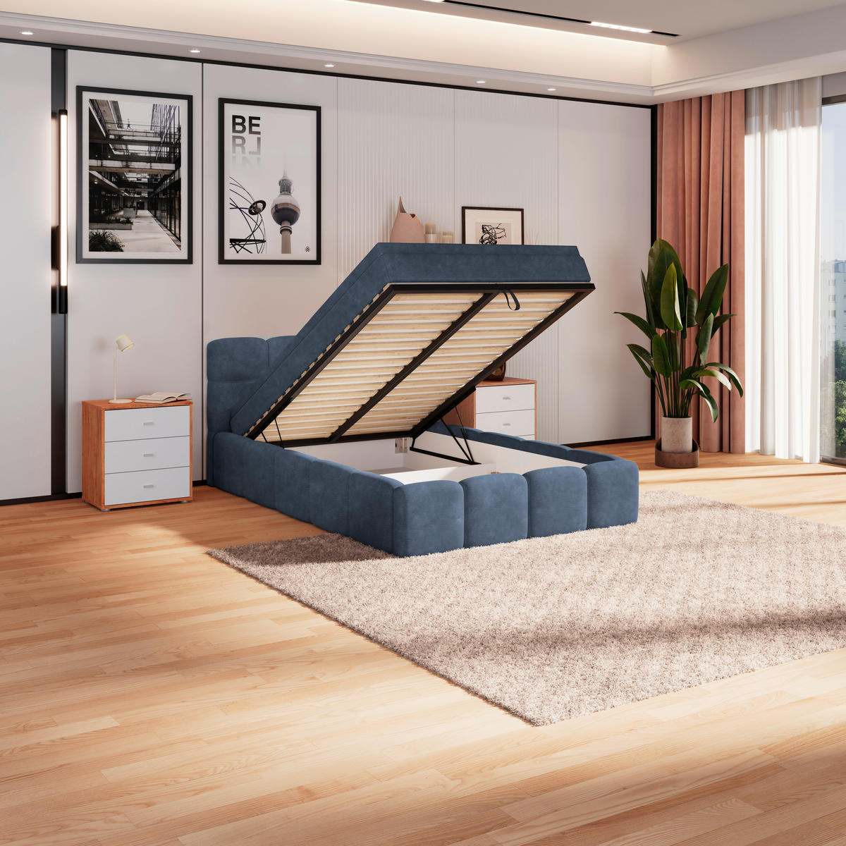 POLSTERBETT 140/200 cm,  in Blau, Matratze, Bettkasten, H3 = fest  - Blau/Schwarz, Trend, Kunststoff/Textil (140/200cm)