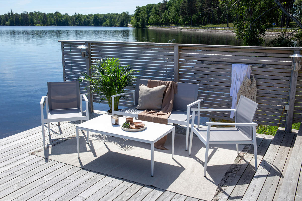 LOUNGEGARNITUR 4-teilig   Aluminium  - Weiß/Grau, KONVENTIONELL, Glas/Textil - Gardenson