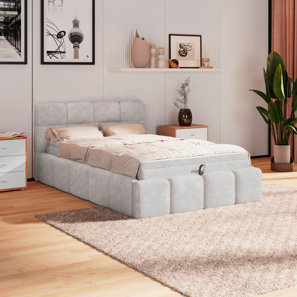 POLSTERBETT 120/200 cm,  in Hellgrau, Matratze, Bettkasten, H3 = fest  - Hellgrau/Schwarz, Trend, Kunststoff/Textil (120/200cm)