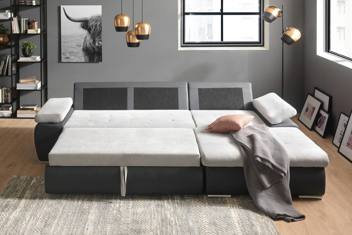 ECKSOFA in Flachgewebe Dunkelgrau, Grau  - Dunkelgrau/Grau, Design, Kunststoff/Textil (271/175cm) - MID.YOU