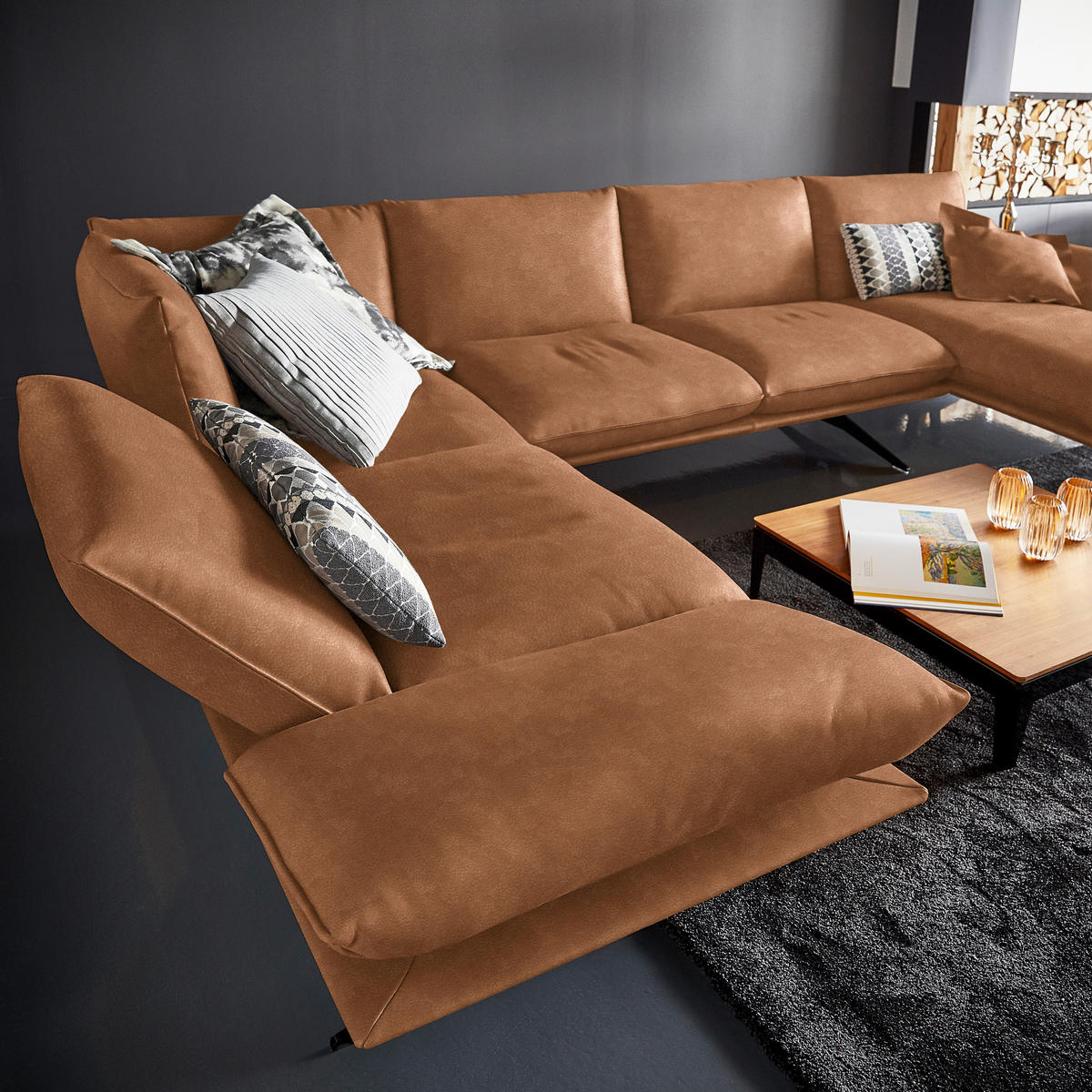 WOHNLANDSCHAFT in Echtleder Hellbraun  - Hellbraun/Schwarz, Natur, Leder/Metall (217/359/155cm) - Dieter Knoll