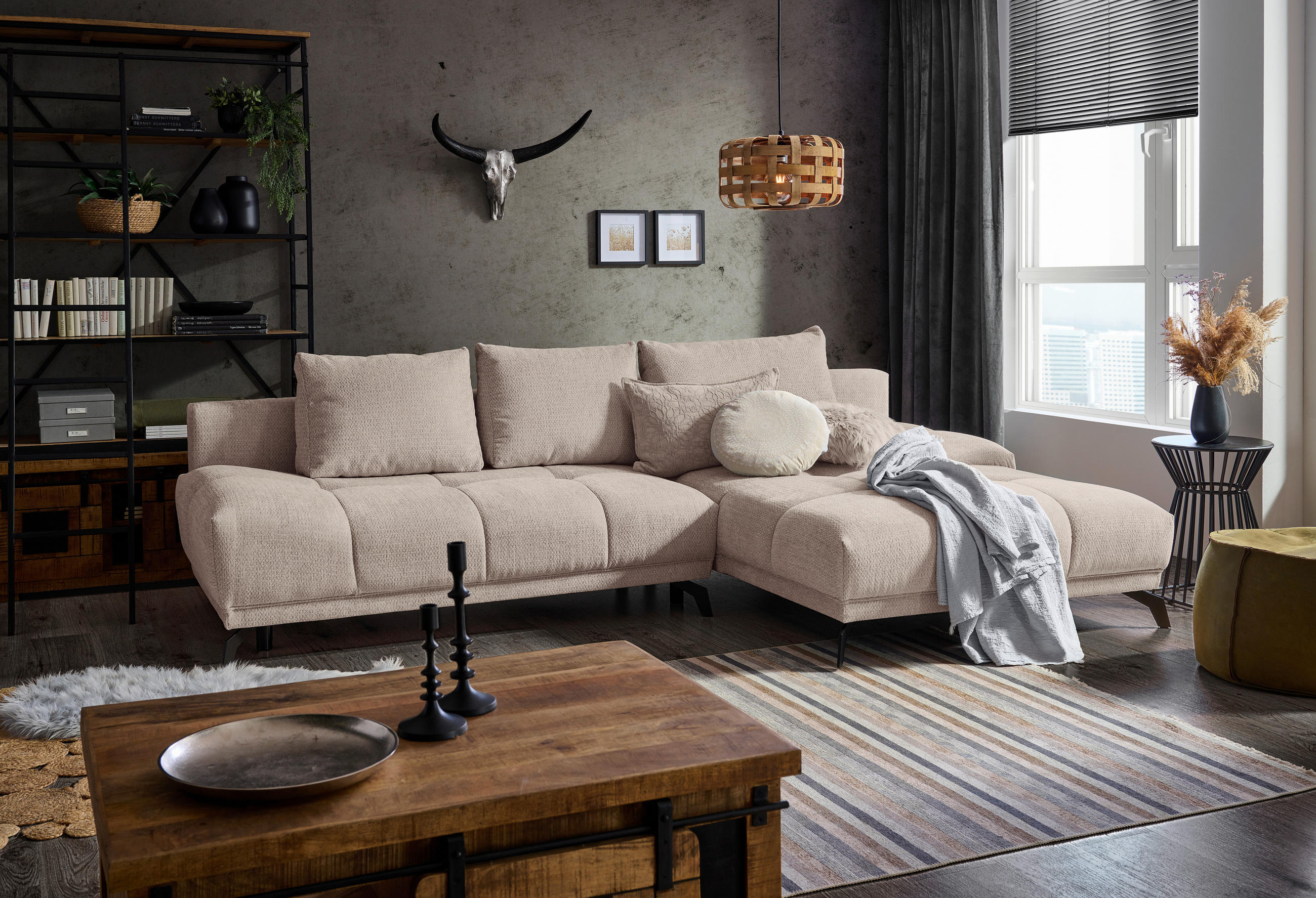 ECKSOFA in Chenille Greige  - Greige/Schwarz, Modern, Textil/Metall (290/182cm) - Hom`in