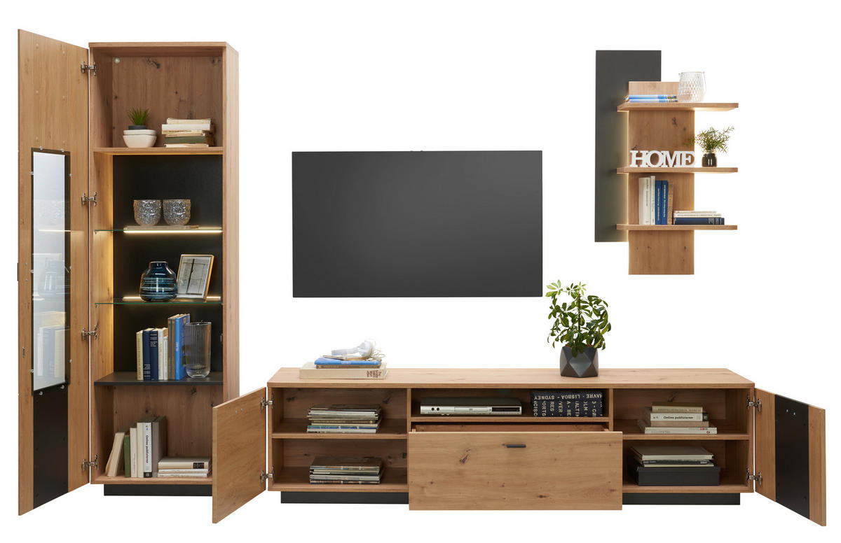 VITRINA, antracit, barve hrasta - črna/barve hrasta, Design, kovina/steklo (60/201/37cm) - Hom`in