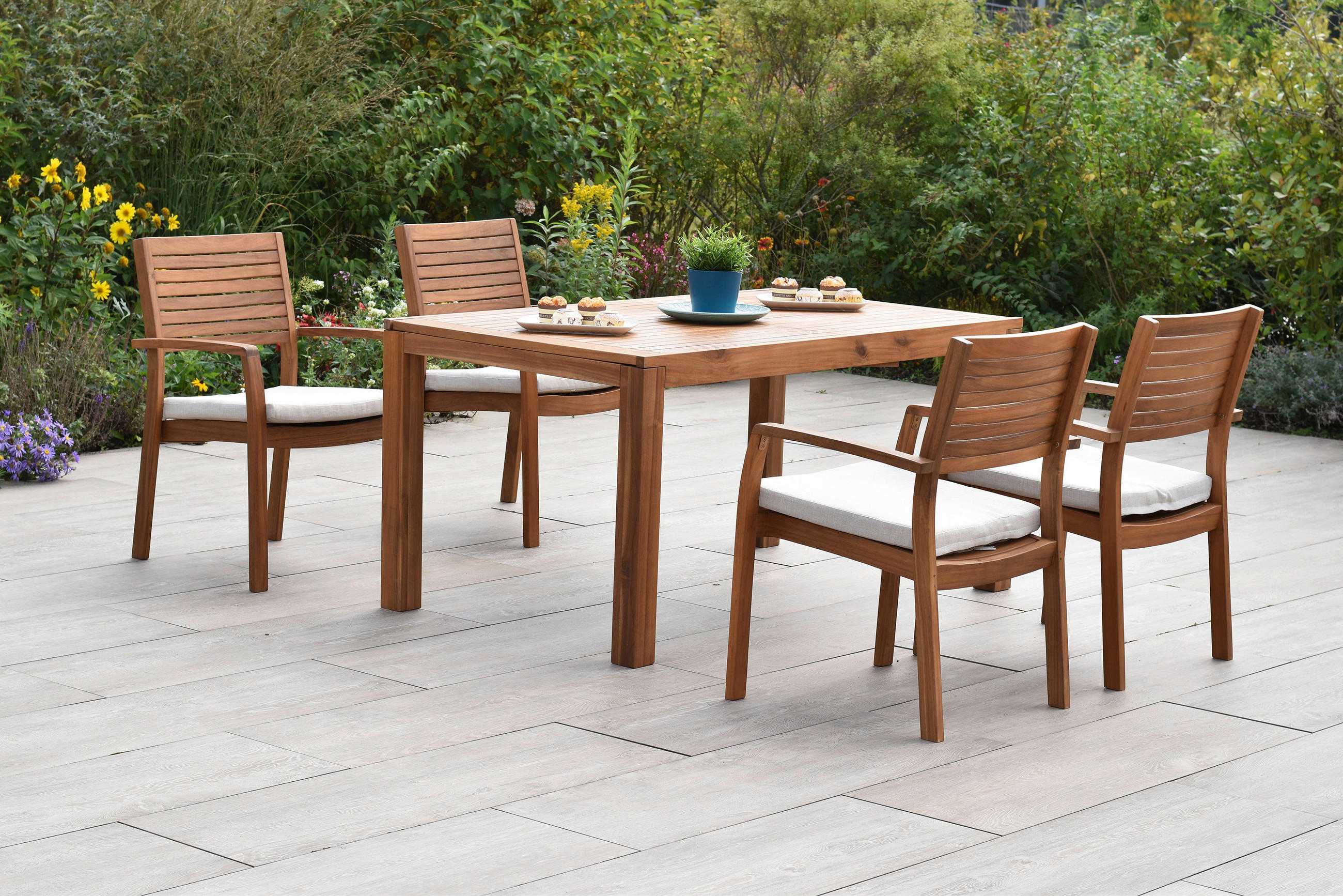 GARTENTISCHGRUPPE  - Beige/Akaziefarben, KONVENTIONELL, Holz/Textil - Gardenson