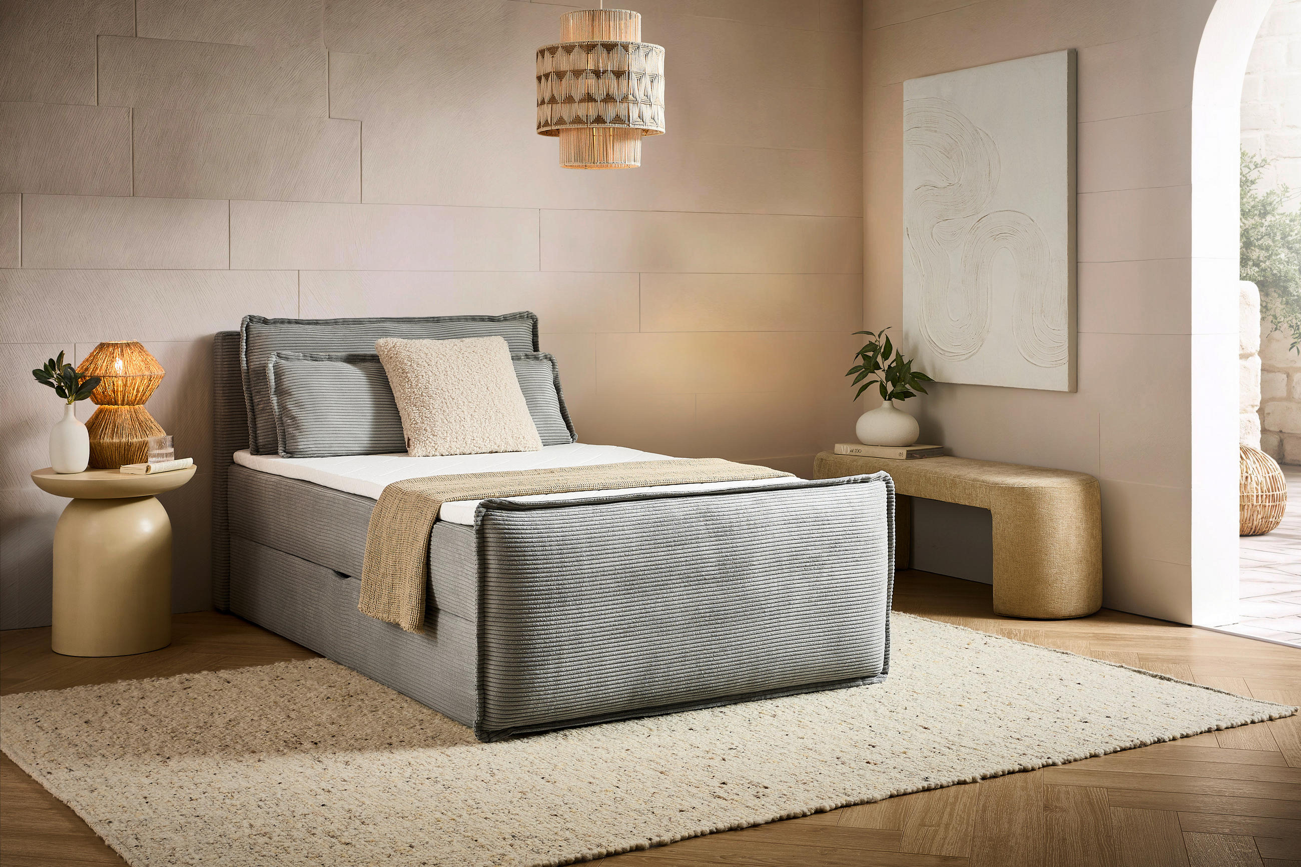 BOXBETT 120/200 cm,  in Hellgrau, Kissen, Bettkasten, Topper, H3 = fest  - Hellgrau/Schwarz, Design, Kunststoff/Textil (120/200cm) - Chameo