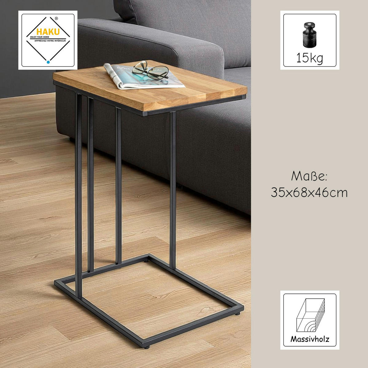 BEISTELLTISCH 35/46/68 cm Eiche Hartholz Schwarz, Eichefarben rechteckig  - Eichefarben/Schwarz, Trend, Holz/Metall (35/46/68cm)